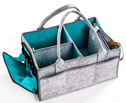 Baby Diaper Caddy Organizer with Zipper Pockets - Heavy Duty Felt Storage for Nursery, Toys & Car - Portable Multi-Purpose Basket for Diapers, Wipes & Baby Essentials