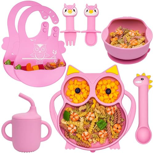 Pink owl plate,bowl,cup,spoonfork,bib set