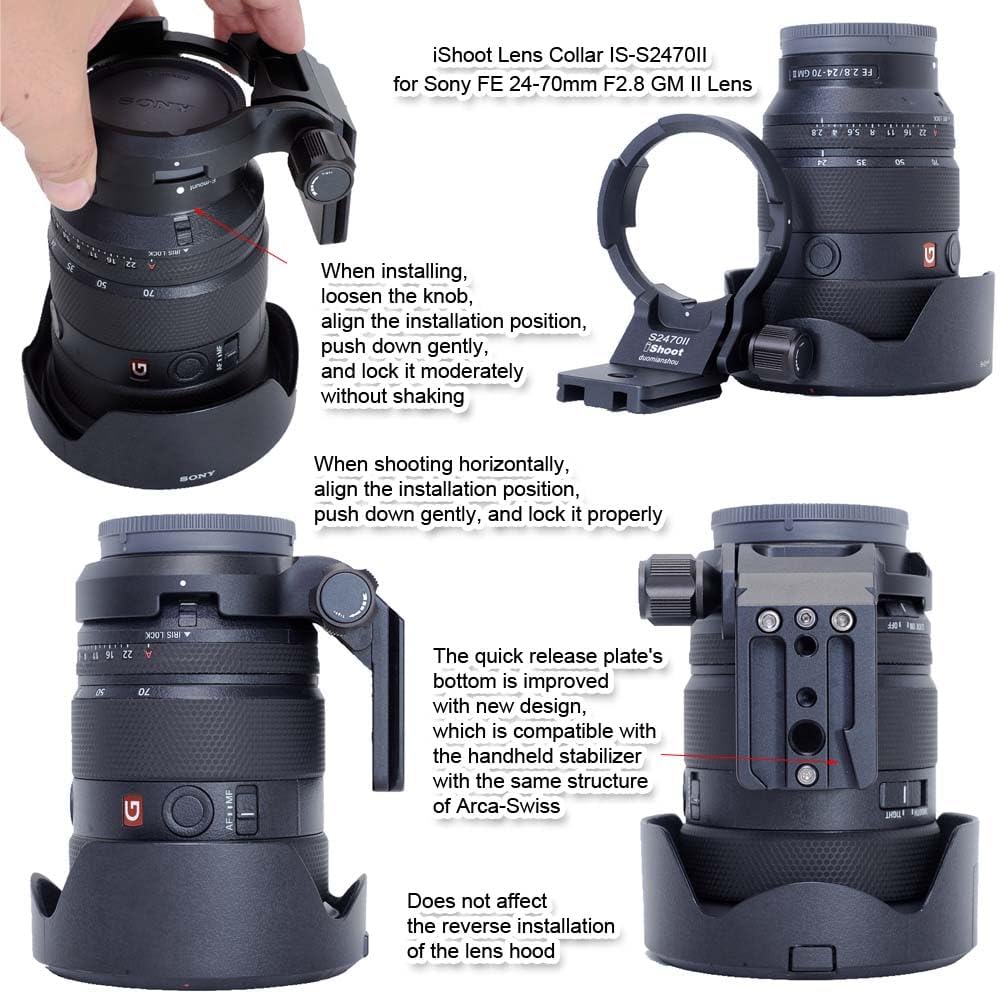 iShoot Tripod Mount Ring Lens Collar for Sony FE 24-70mm f/2.8 GM II, 16-35mm F2.8 GM II & 20-70mm F4 G Lenses - Arca-Swiss Quick Release Plate Compatible with Tripod Heads - Perfect for Landscape, Portrait & Travel Photography
