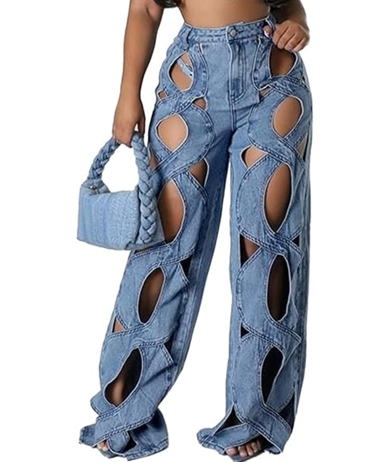 xxxiticat Women's Hollow Out High Waist See Through Denim Pants - Wide Leg Loose Fit Cutout Jeans for Casual Wear & Street Style Fashion