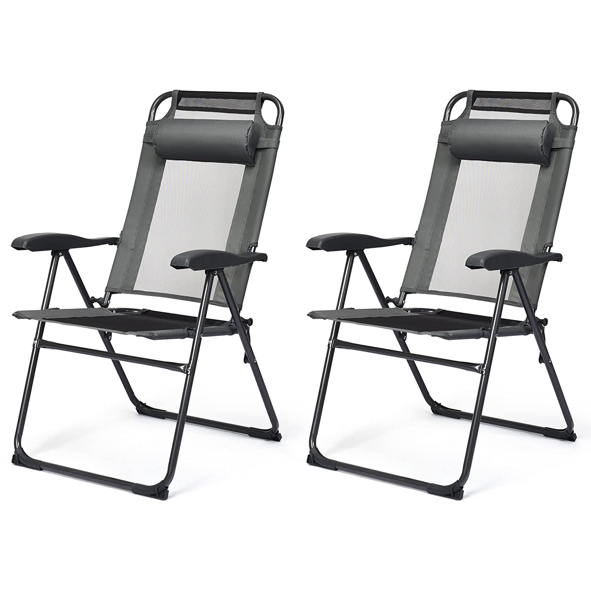 Hysache 2-Piece Folding Patio Chair Set - Outdoor Reclining Lounge Chairs with Headrest & Armrests, Breathable Mesh Sling Back Design for Backyard, Poolside, Beach, Garden, Balcony & Patio (Gray) - Perfect for Relaxing, Sunbathing & Outdoor Entertaining