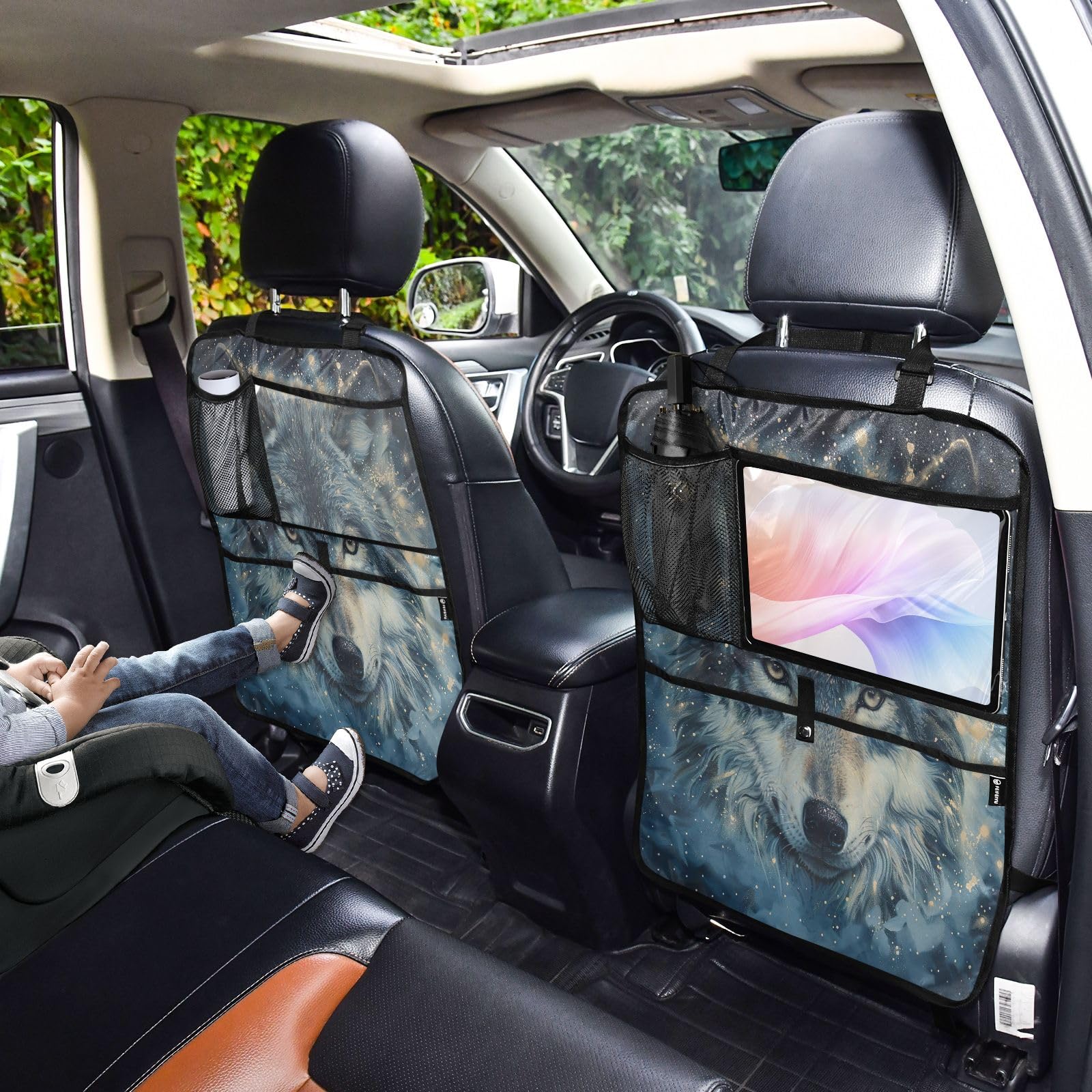 ODAWA Starry Wolf Car Seat Organizer 2 Pack - Back Seat Protector with Storage Pockets for Road Trips, Family Travel, and Daily Commutes