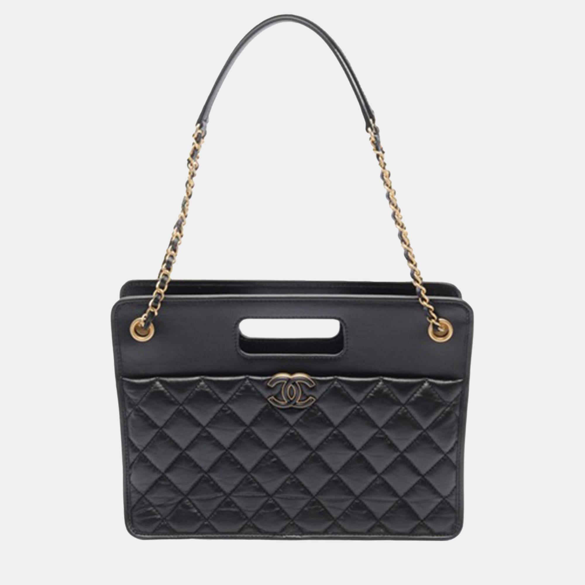 Luxury Black Aged Calfskin Leather CC Quilted Tote Bag for Women - Designer Handbag for Work, Travel & Shopping | Premium Leather Shoulder Bag Gift
