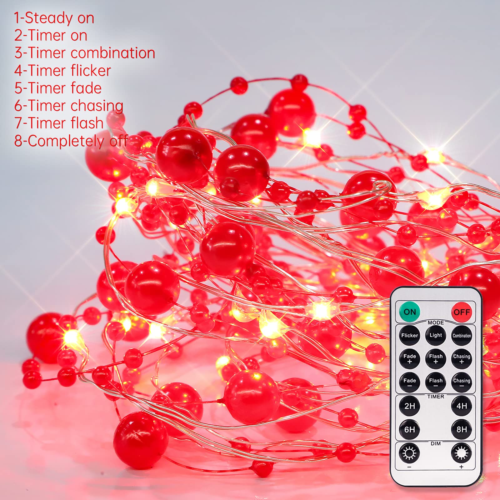Impress Life Ocean Pearl Beads String Lights - 10ft 40 LED Fairy Lights with 8 Lighting Modes & Timer, Waterproof for Indoor Outdoor Christmas Wedding Valentine's Day Party Decor (Red) - Perfect for Bedroom, Garden, Patio, and Holiday Home Decoration