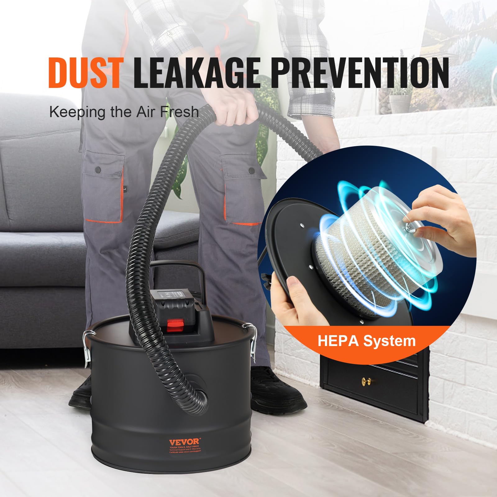 VEVOR 15L Cordless Ash Vacuum Cleaner - Powerful 10Kpa Suction, Portable & Lightweight with Reverse Function & 5.9ft Cable - Ideal for Fireplaces, Pellet Stoves, Wood Stoves (Black) | Perfect for Home Heating Maintenance & Fireplace Ash Cleanup