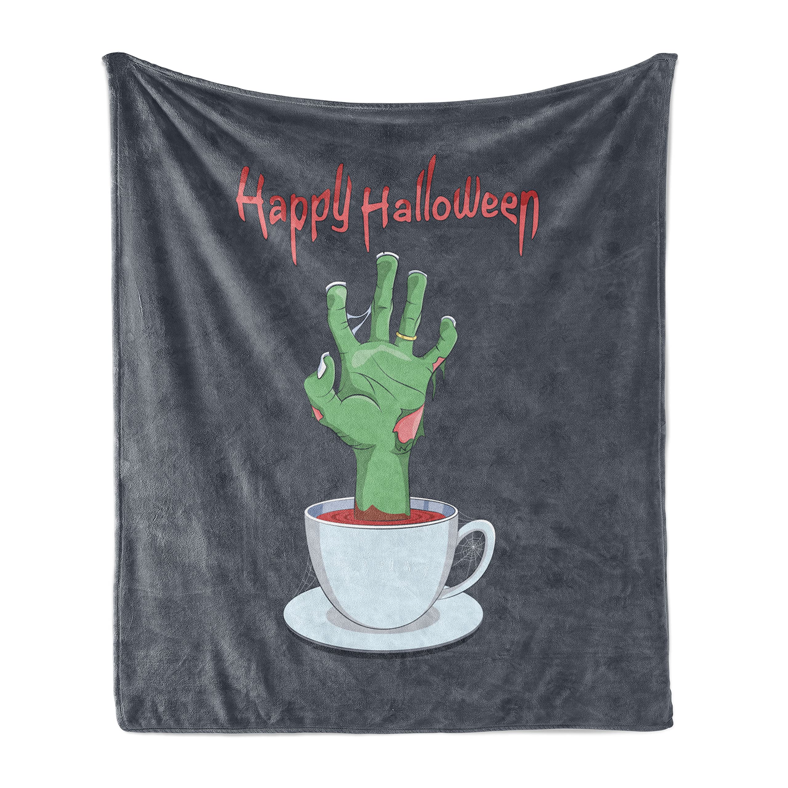 Ambesonne Halloween Throw Blanket - Zombie Hand in Bloody Tea Cup with Spiders & 'Happy Halloween' Print | Soft Flannel Fleece Accent Blanket for Couch, Bed, Sofa (50x60 Inches) | Grey Pale Rust Green | Perfect for Halloween Decor, Horror Movie Nights & Cozy Fall Evenings
