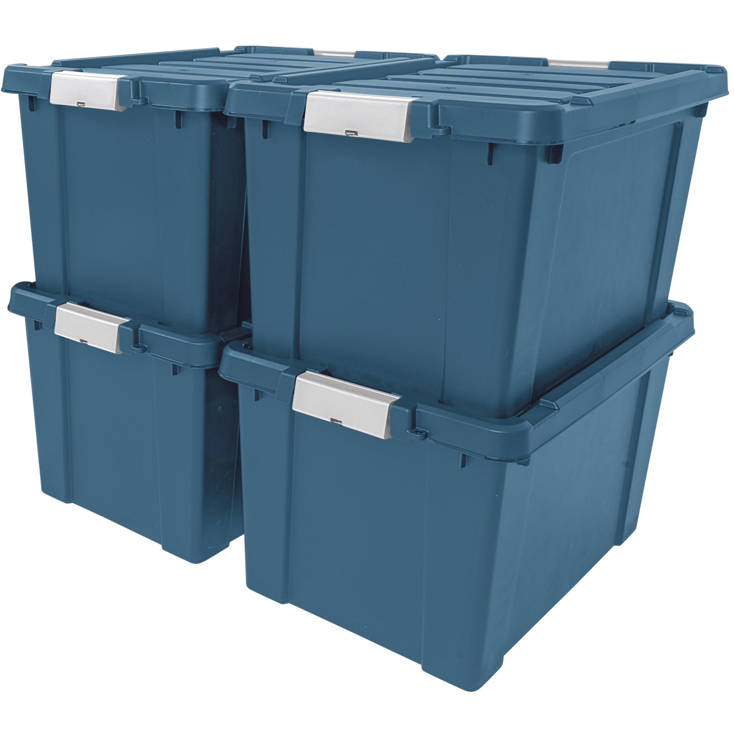 IRIS USA 20 Gallon Heavy Duty Stackable Storage Bins with Lids, 4-Pack Eco-Friendly Lockable Containers - Made in USA, Garage Organization, Moving Boxes, Equipment Storage - Navy Blue - Perfect for Home, Office, and Warehouse Organization
