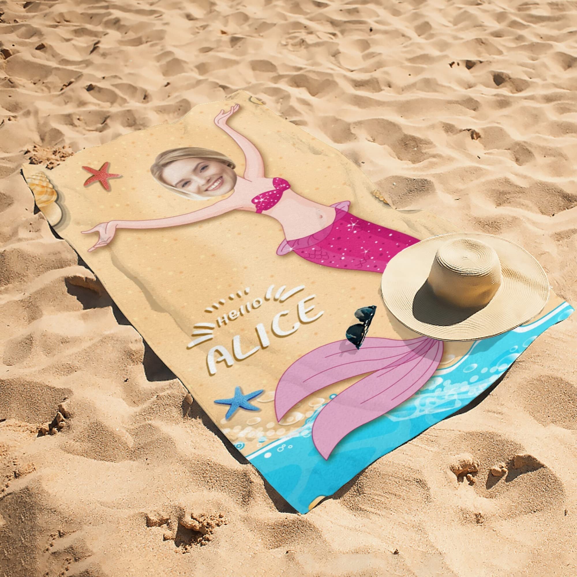 Customized Mermaid Photo Beach Towel - Personalized Funny Beach Towel for Women & Girls, Soft & Absorbent Quick-Dry Fabric - Perfect for Pool, Beach, Vacation & Summer Fun
