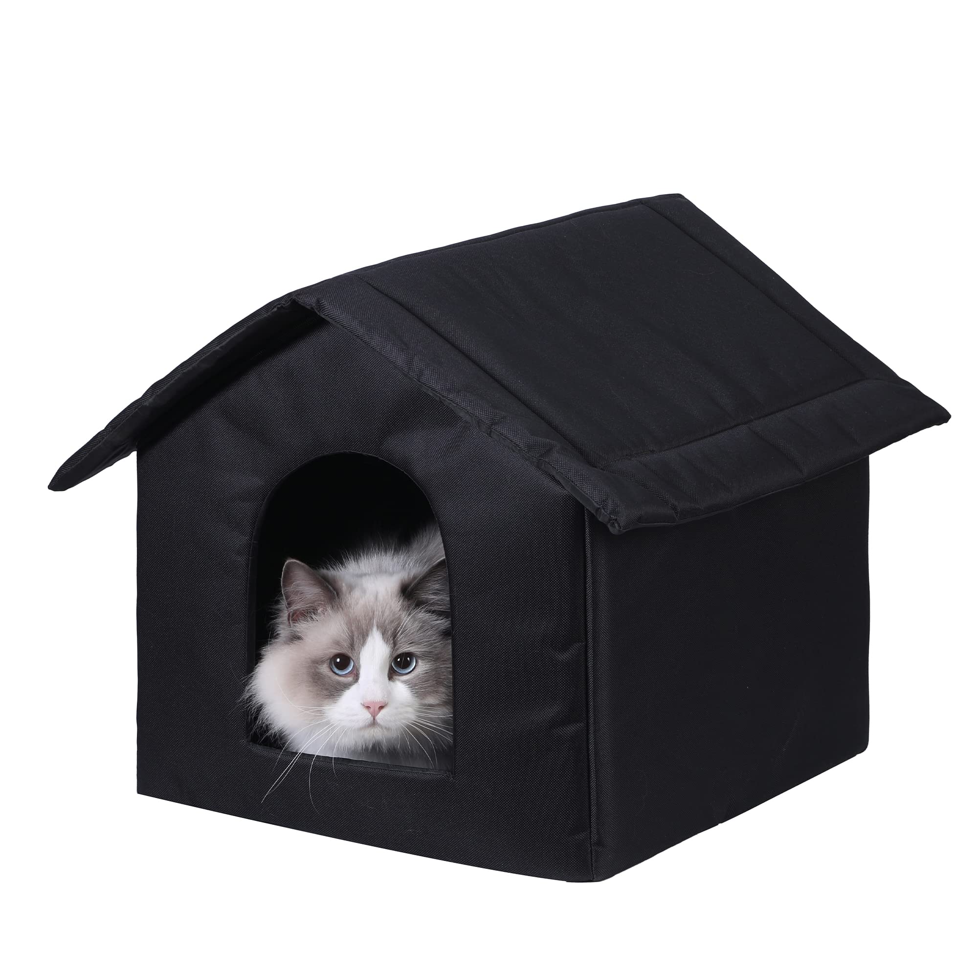 Insulated Waterproof Outdoor Cat House for Winter - Weatherproof Feral Cat Shelter with Warm Bedding, Also Works as Small Dog Kennel (Black) - Perfect for Backyard, Garden, and Cold Weather Protection