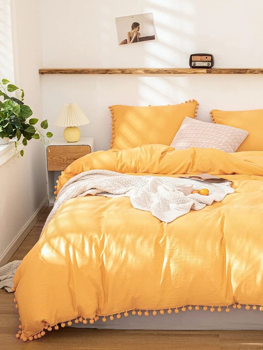 Bright Yellow Pom Pom Cotton Duvet Cover with Button Closure - Soft Bedding Set for Twin, Full, Queen & King Size Beds - Cozy Home Decor for Kids' Rooms, Guest Bedrooms & Dorm Essentials