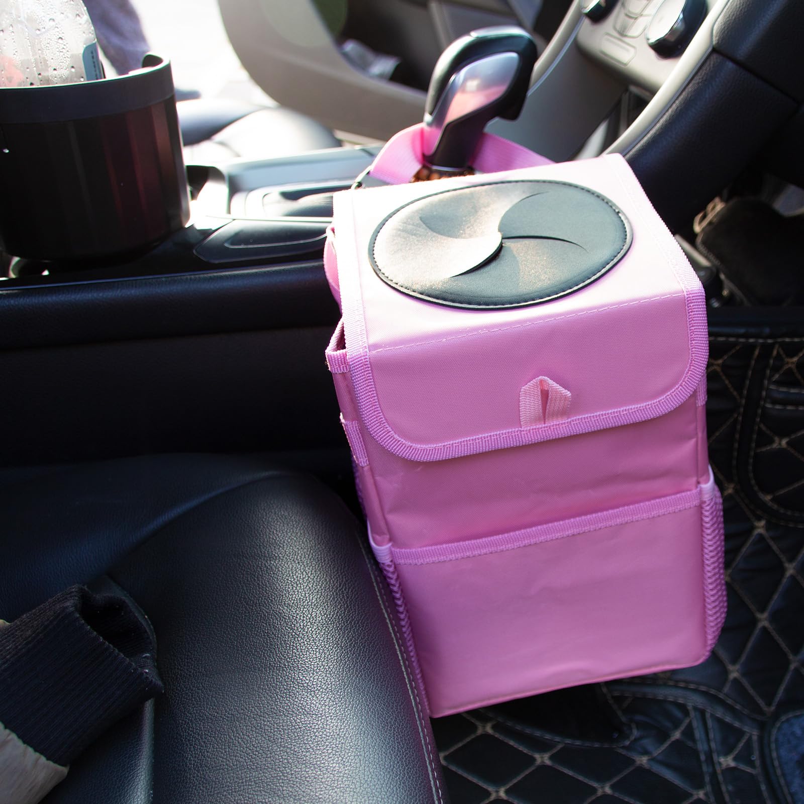**Waterproof Hanging Car Trash Can - Leak Proof Auto Garbage Bag Bin for Vehicles, Cars & SUVs (Light Pink) - Ideal for Road Trips, Commuting & Keeping Your Car Clean**