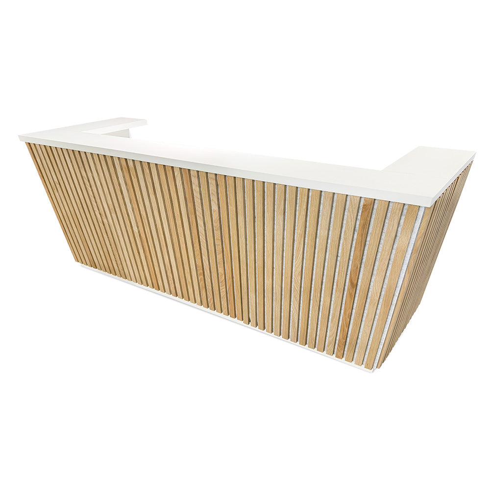 KENTO 240cm Modern Reception Desk - Timber Slat Acoustic Panel Design in White & Oak Finish - Perfect for Office Lobby, Hotel Front Desk, and Corporate Waiting Areas