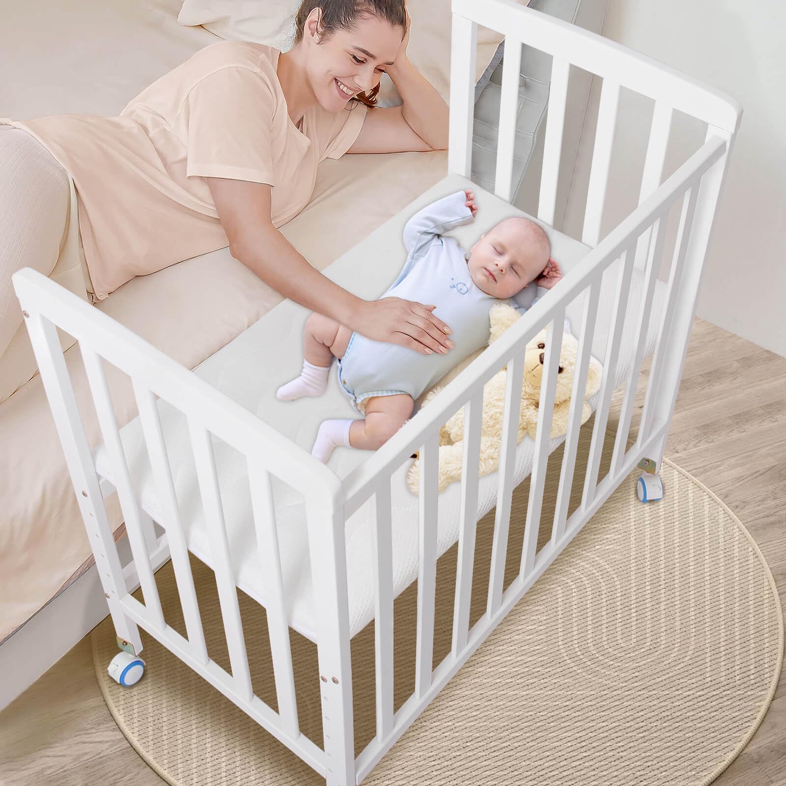 **Pine Wood Baby Bassinet Bedside Sleeper - Adjustable 6 Height Co-Sleeper Crib with Mattress for Newborns & Infants | Portable Nursery Bed for Safe Sleep, Breastfeeding & Room Sharing (White)**