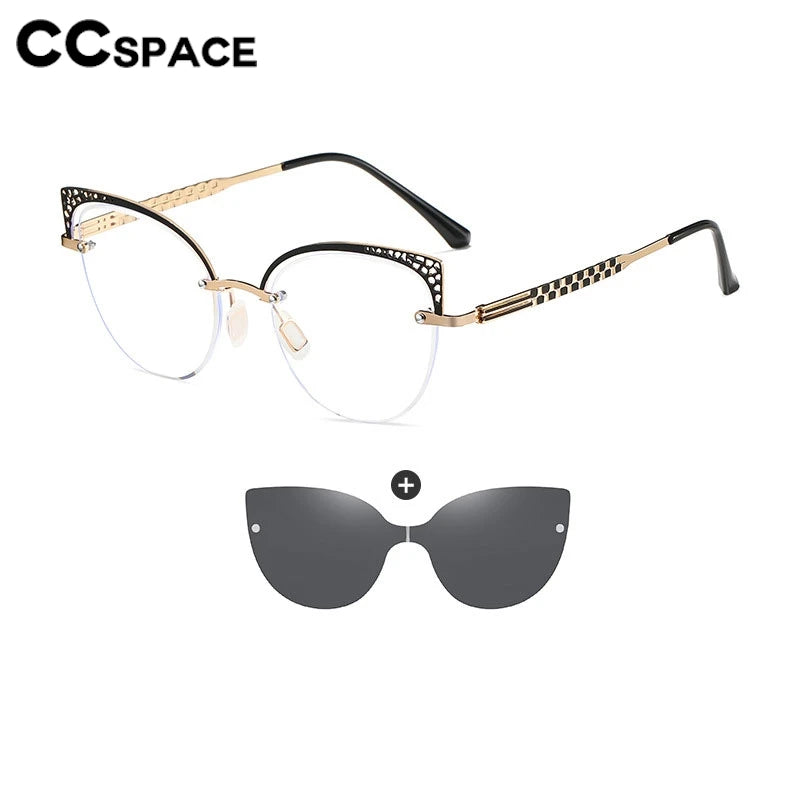 CCSpace Women's Full Rim Oval Cat Eye Alloy Eyeglasses with Clip-On Sunglasses - Fashionable Retro Frame for Work, Driving & Outdoor Activities (Model 302035)