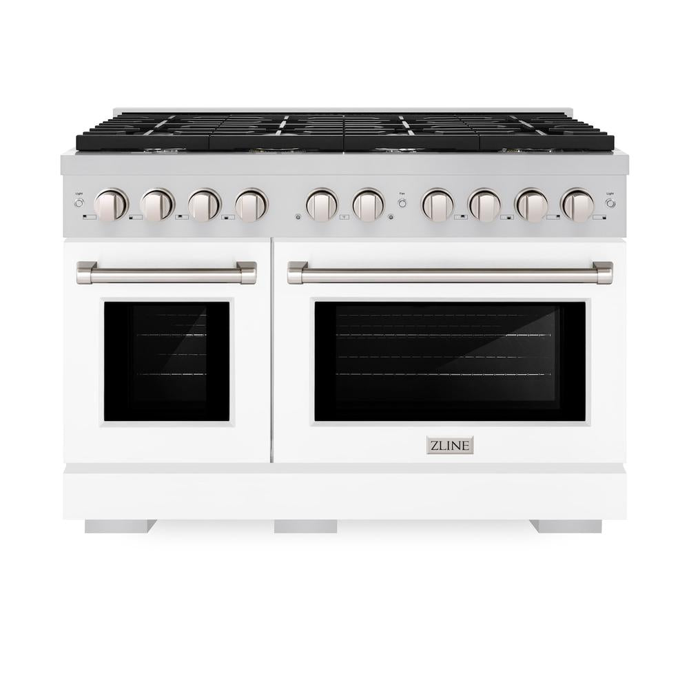 ZLINE 48-inch 6.7 cu. ft. Stainless Steel Dual Fuel Range with 8-Burner Gas Cooktop & White Matte Doors - Professional Double Oven for Home Kitchen Cooking, Baking & Entertaining (Model SDR WM 48)