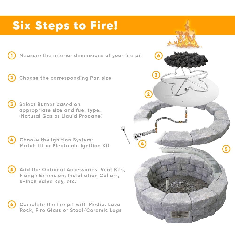 HPC Penta Match Lit Fire Pit Burner Kit - 12-Inch Stainless Steel Burner & 18-Inch Round Flat Pan - Propane Gas Fire Pit Accessories with Chrome Finish, Flange, Key, Valve & Flex Line - Perfect for Backyard, Patio, and Outdoor Gatherings