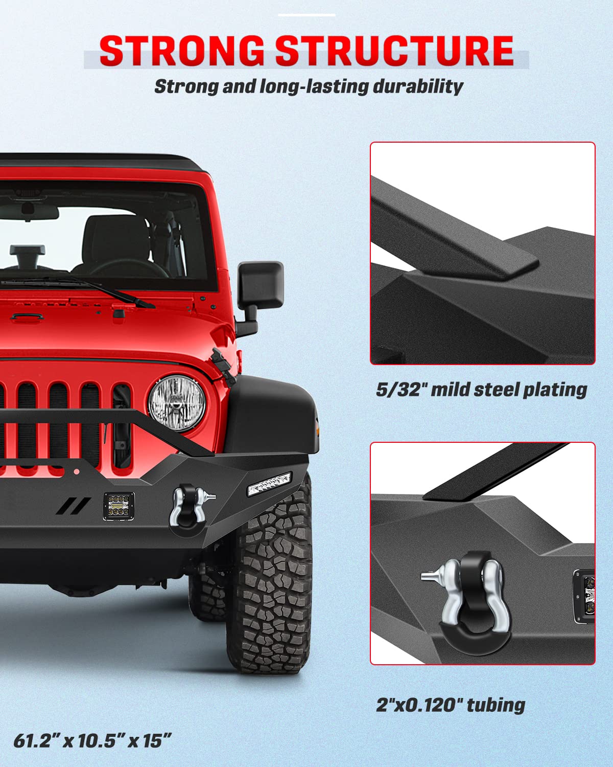 CCiyu Textured Black Front Bumper with D-Ring & LED Lights | Winch Plate Compatible for Jeep Wrangler JK 2007-2018 | Off-Road Adventure & Heavy-Duty Protection