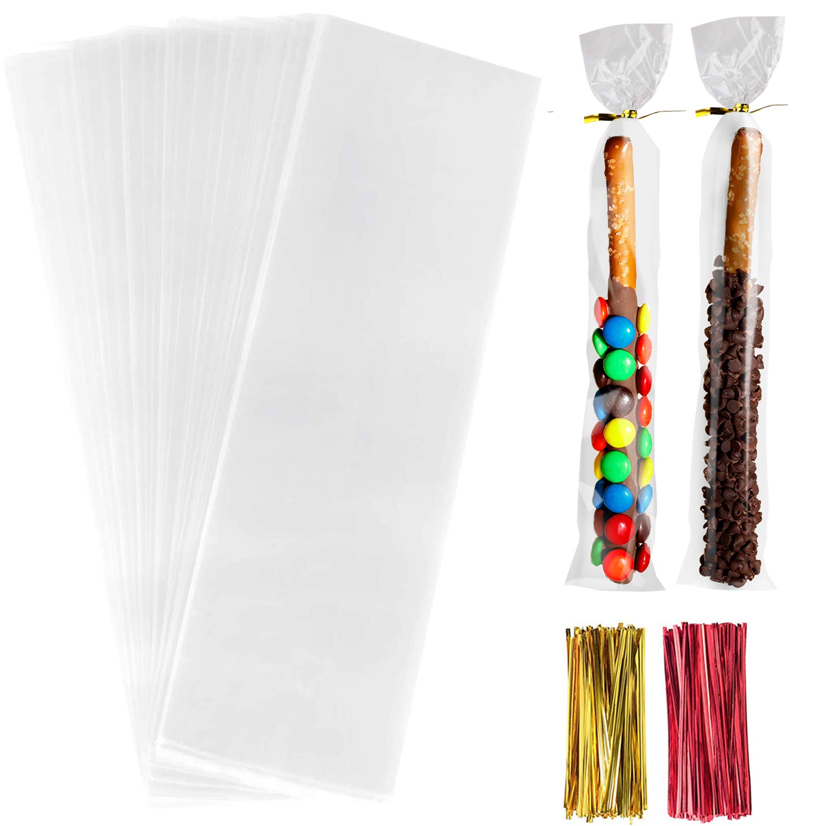 Morepack 200 Count Pretzel Rod Bags - 2x10 Inch Individual Stick Bags with Twist Ties | Perfect for Party Favors, School Snacks & Candy Buffets