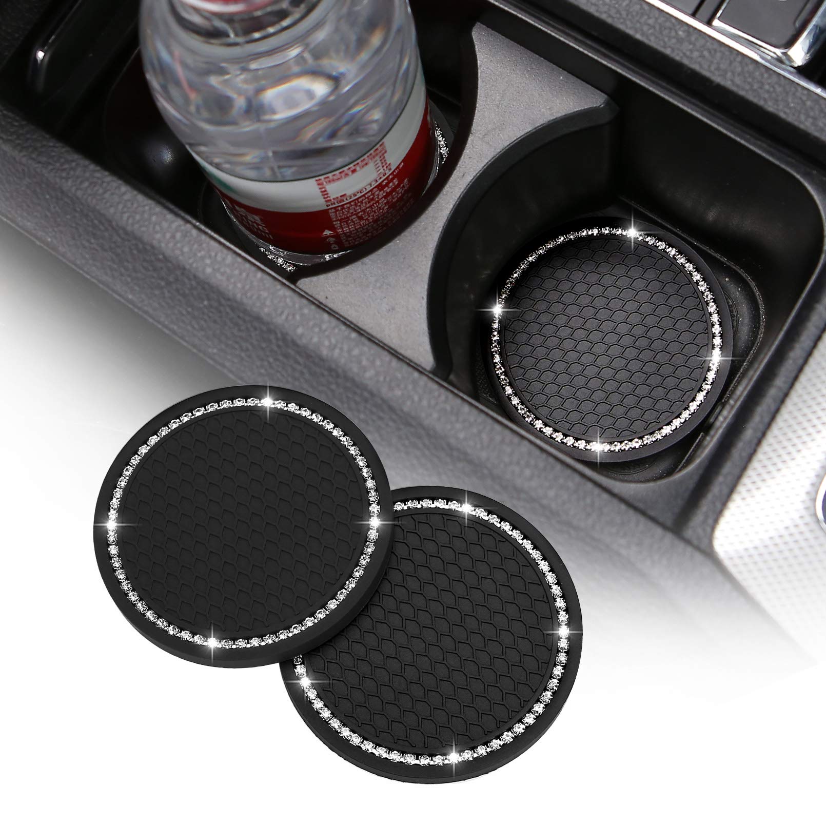 2 Pack Bling Car Cup Holder Coasters - 2.75 Inch Soft Crystal Rhinestone Rubber Pads, Round Auto Drink Coasters for Car Interior Accessories (Black) | Perfect for Luxury Cars, SUVs & Everyday Vehicle Protection