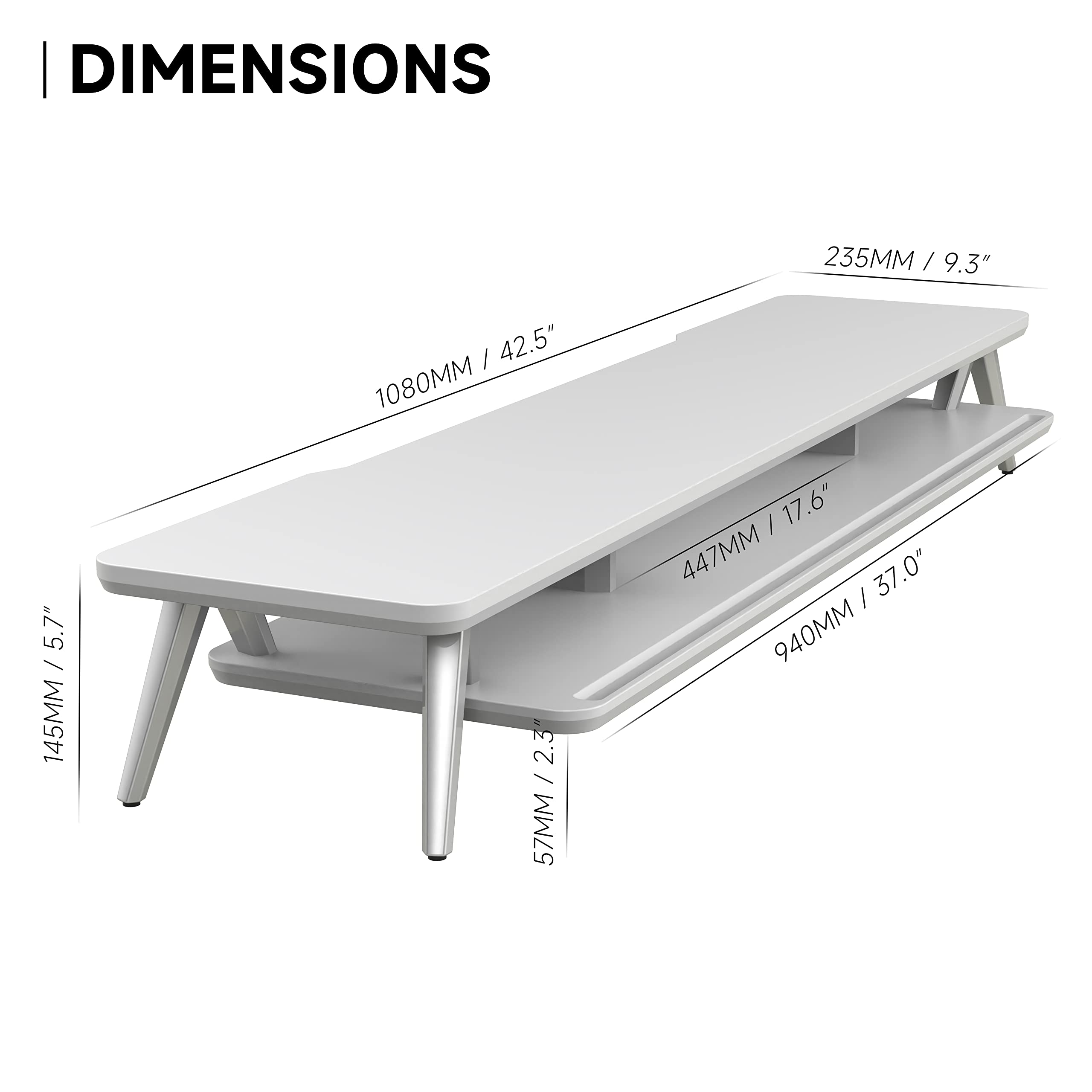 Dual Monitor Stand for 2 Screens - 42.5 Inch Wooden Desk Shelf with Storage Organizer & Cable Management - Perfect for Home Office Setup & Workspace Organization (White, 42.5 Inch)