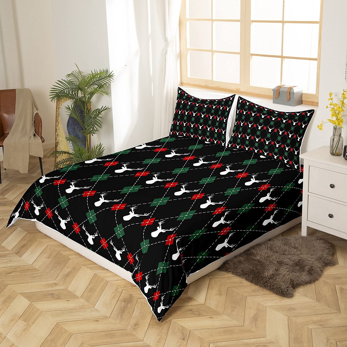 Castle Fairy Christmas Elk Bedding Set Queen Size - Deer Antlers Print Duvet Cover with 2 Pillowcases, Red & Green Geometric Holiday Microfiber Comforter for Kids Gift | Cozy Winter Bedroom Decor for Christmas