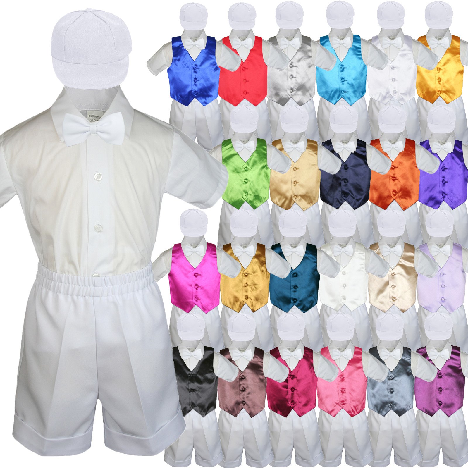 5-Piece Baby Boys' White Bow Tie & Satin Vest Shorts Suit Set - Sizes S to 4T (2T Included) - Perfect for Weddings, Photoshoots & Special Occasions