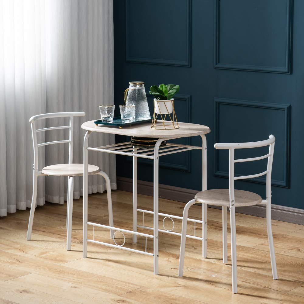 3 Pcs Modern Wood Dining Table and Chairs Set with Two Stools, Contemporary White Kitchen Breakfast Table for Home, Office, or Small Spaces