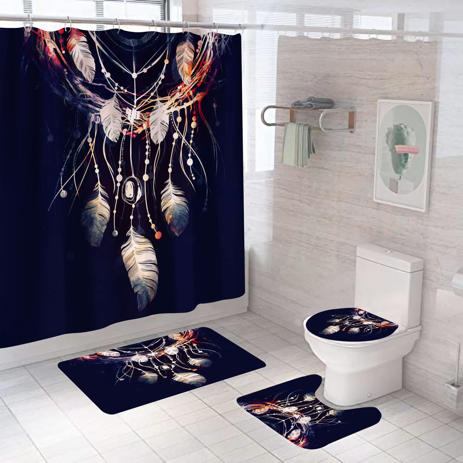 Posienr 4-Piece Dreamcatcher Shower Curtain Set with Non-Slip Bath Rug, Toilet Lid Cover & Bath Mat - Peacock Feather Design for Boho Bathroom Decor | Perfect for Home, Apartment & Dormitory