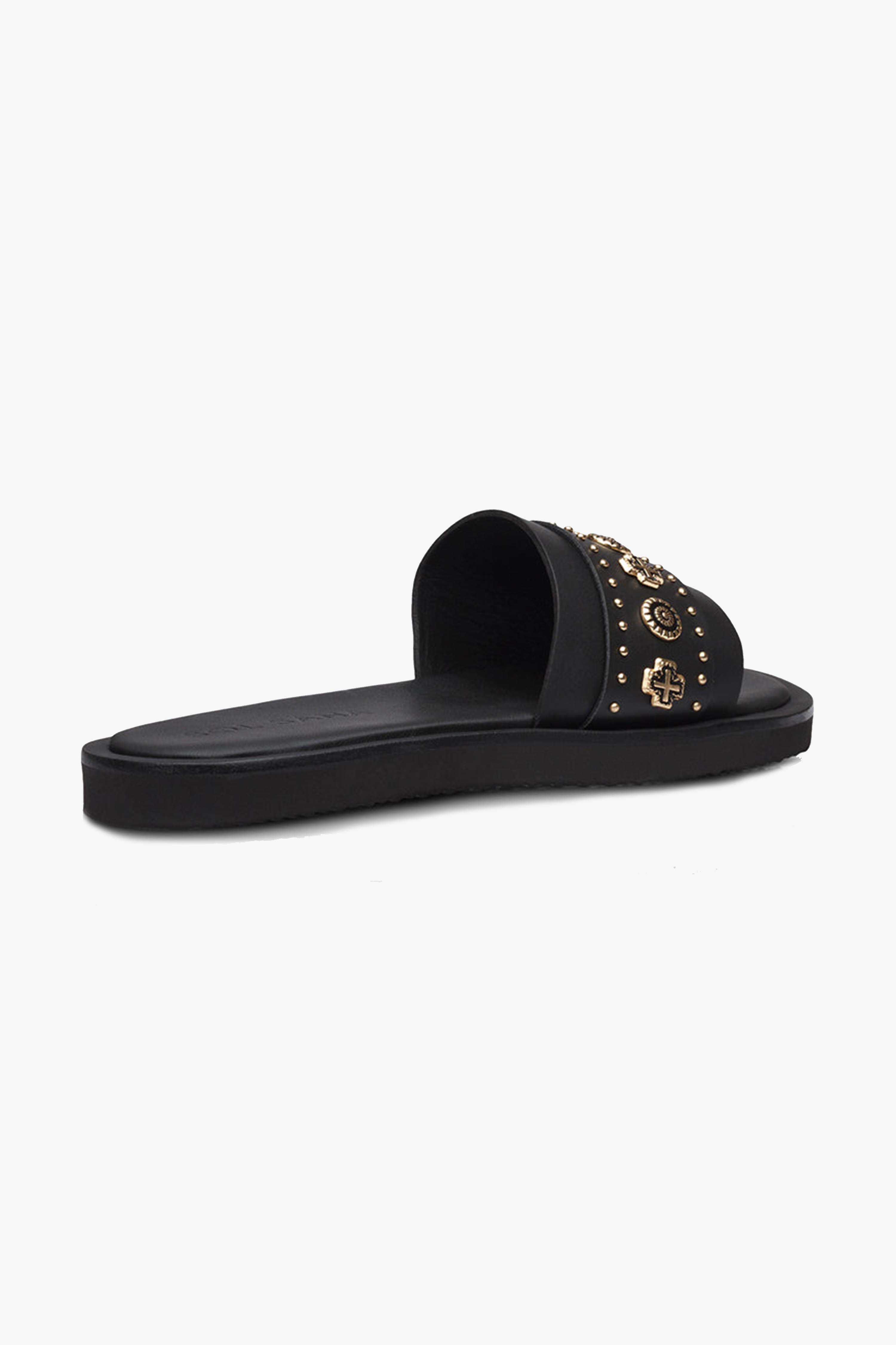 Cleo Black Leather Slide Sandals with Gold Charms - Comfortable Women's Casual Shoes for Summer, Beach & Vacation Wear