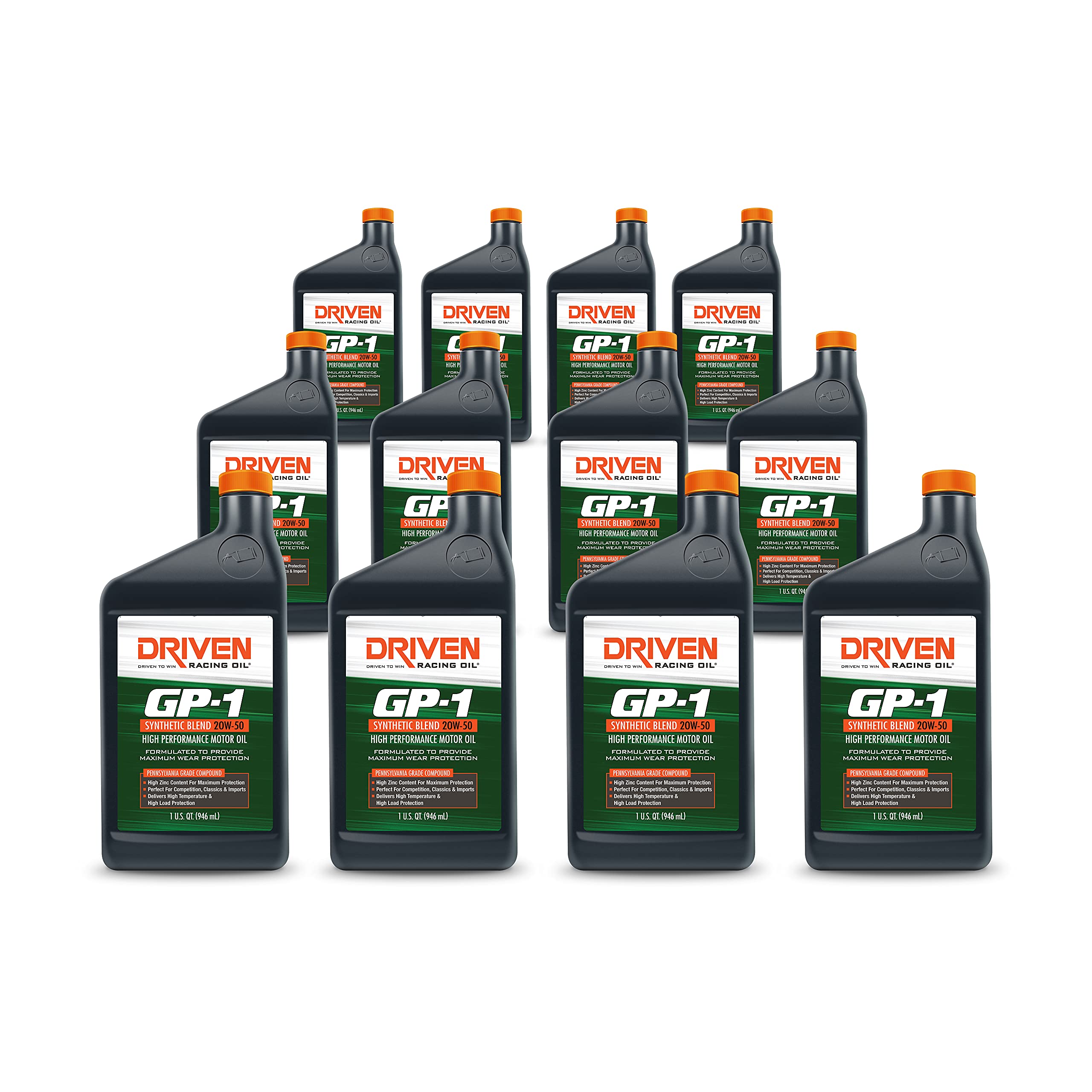 Driven Racing Oil GP-1 Synthetic Blend Motor Oil 20W-50 (12 Quart Bottles) - High Performance Engine Protection for Racing, Classic Cars & High Mileage Vehicles