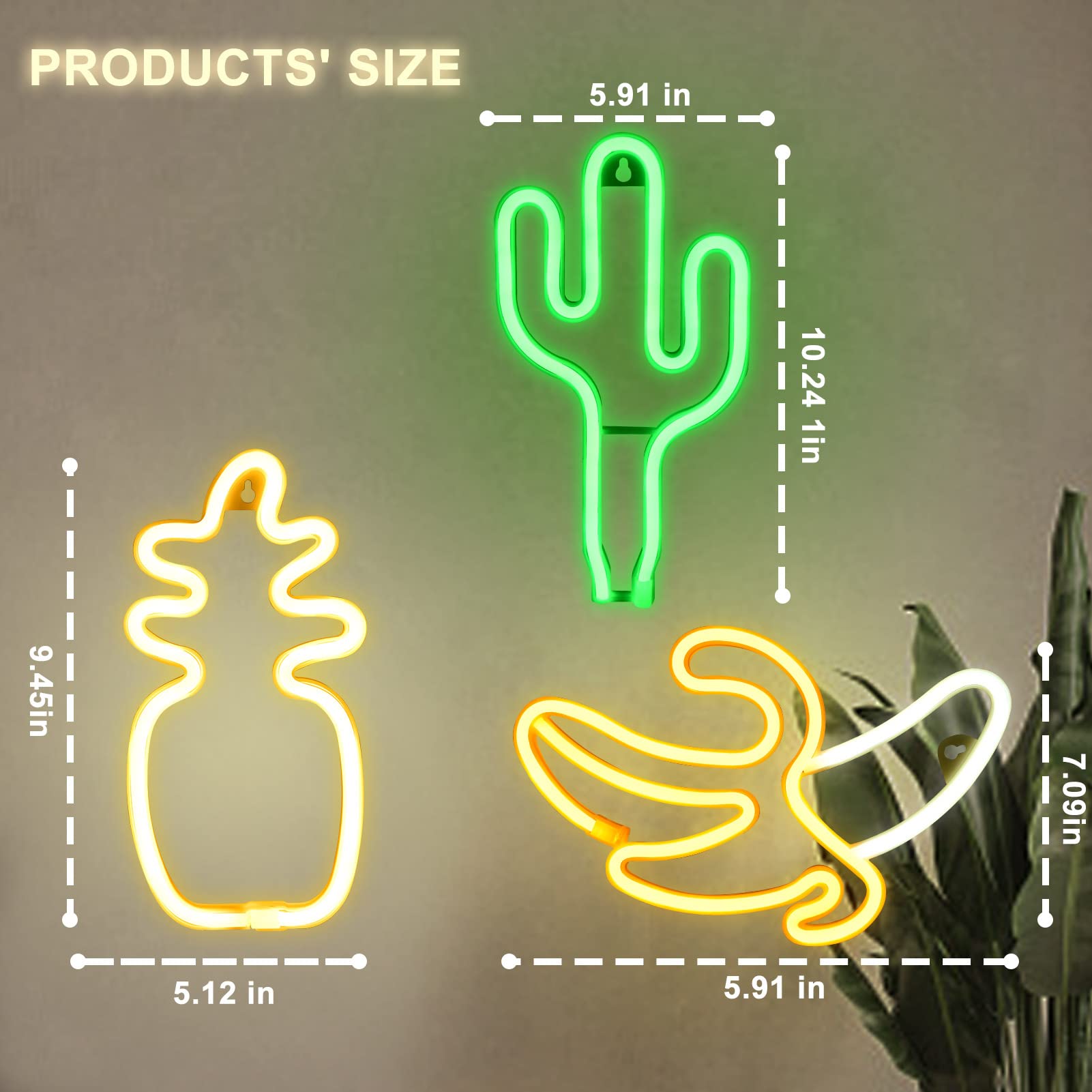 3-Pack Fruit Neon LED Signs - Cactus, Pineapple & Banana Wall Decor for Bedroom, Birthday Party & Holiday Activities | USB/Battery Powered Neon Lights for Home, Bar, Cafe & Wedding Decorations