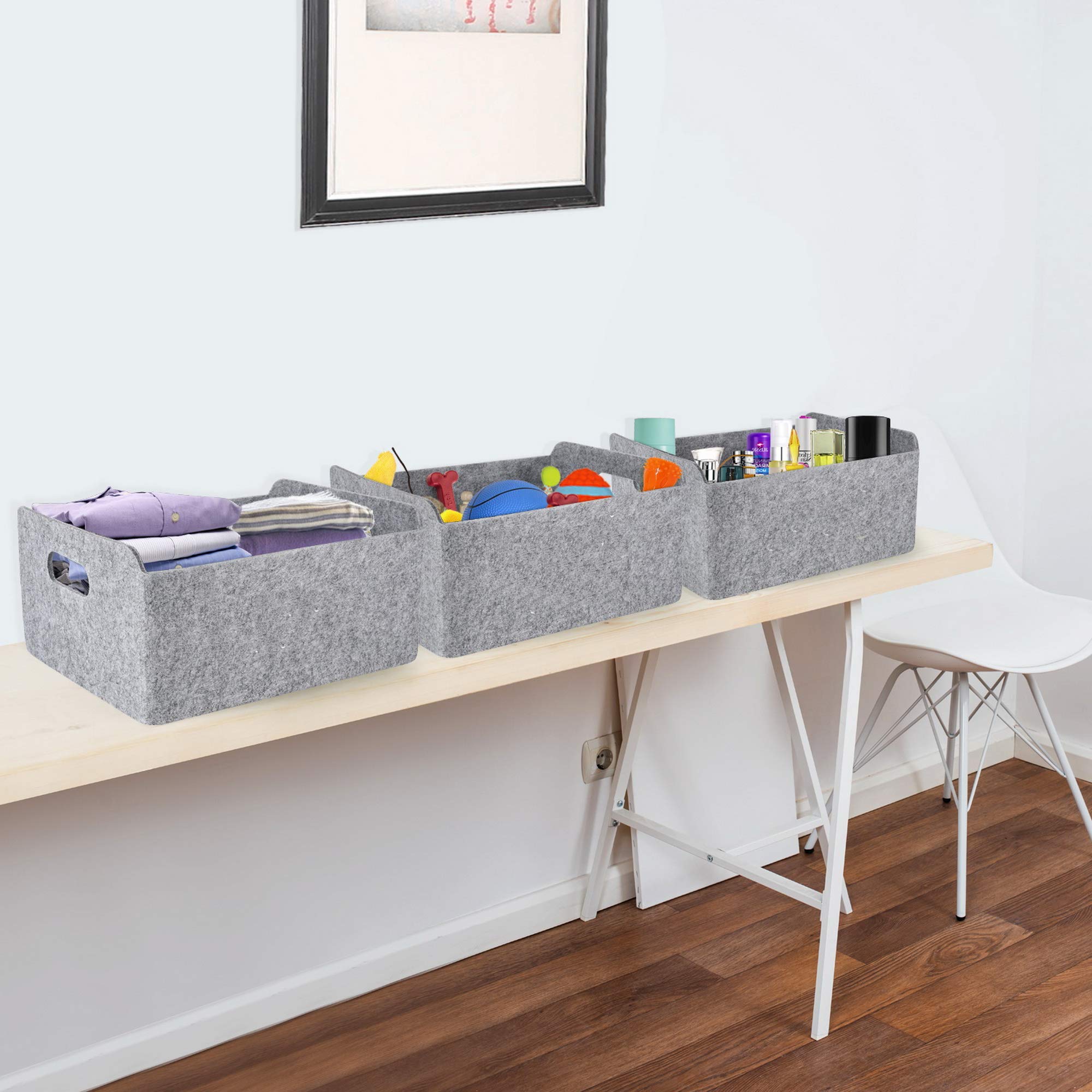 Welaxy Collapsible Felt Storage Bins - Foldable Organizer Baskets with Handles for Kids Toys, Pet Supplies, Books & Clothes (Set of 3, Gray) - Perfect for Nursery, Playroom & Home Organization