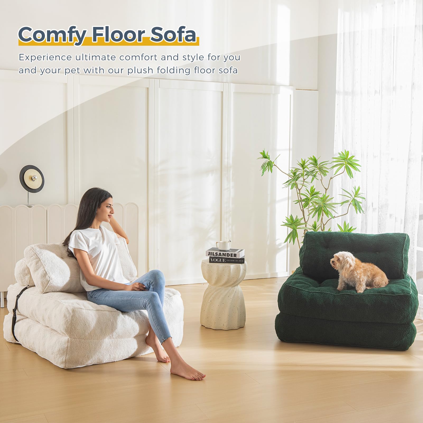 MAXYOYO Fuzzy Sofa Bed - Convertible Sleeper Chair with Pillow in Beige | Comfortable Foldable Futon for Small Spaces, Guest Room & Apartment Living