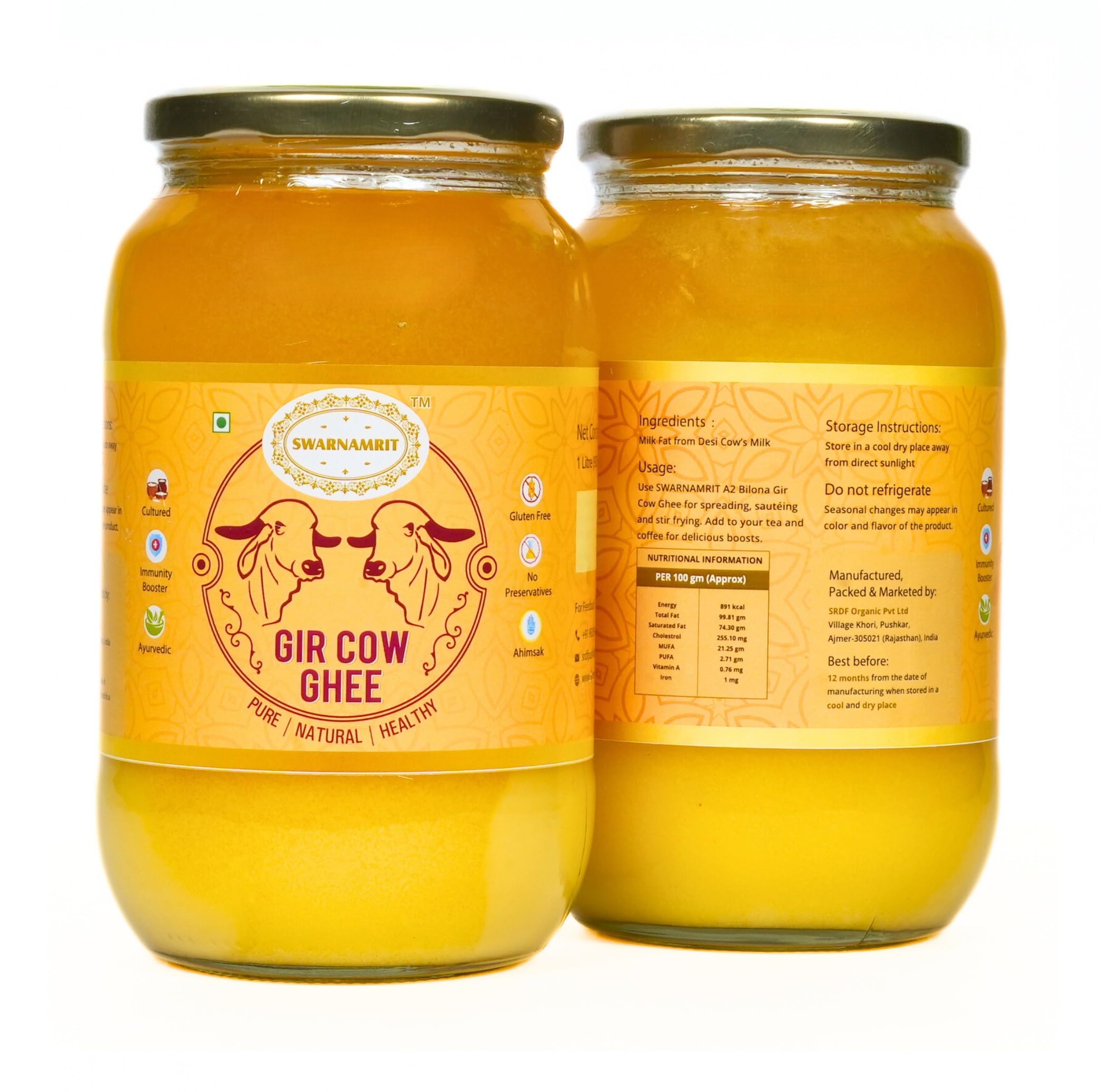 Premium SWARNAMRIT A2 Desi Gir Cow Ghee - 100% Pure Vedic Bilona Method - Glass Jar (1 Liter X 2 Pack) - Ideal for Cooking, Ayurvedic Remedies & Healthy Lifestyle