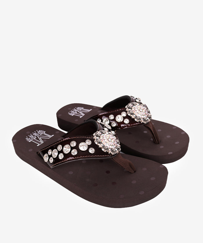 Mandala Silver Floral Rhinestone Concho Embroidered Wedge Flip Flops for Women - Boho Chic Summer Sandals for Beach, Pool & Casual Outings