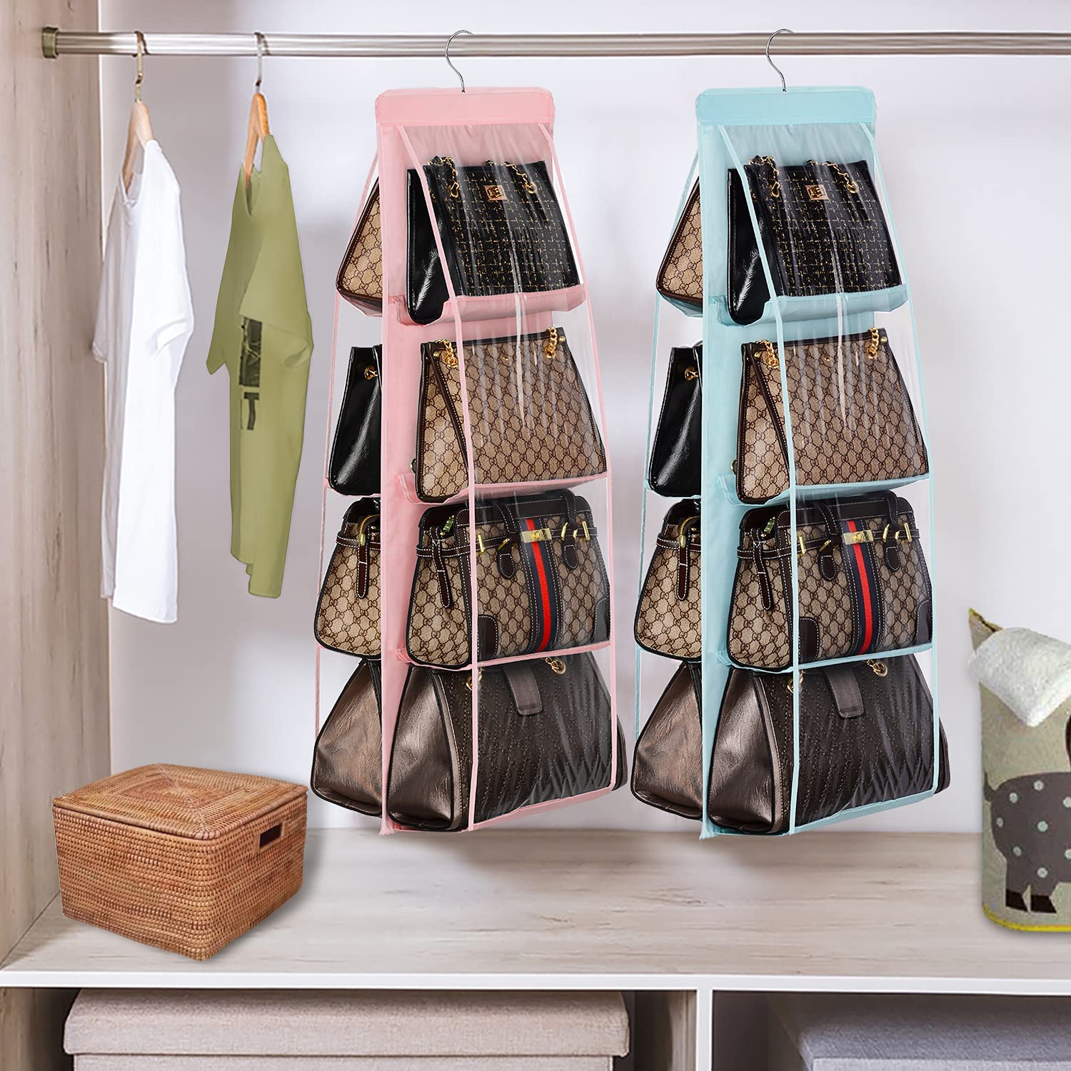 Lirex 8-Pocket Handbag Hanger Organizer - Foldable Purse Storage for Closet | Oxford Cloth Hanging Organizer for Bedroom & Family Closet | Universal Fit | Light Blue | Perfect for Small Space Organization & Travel Storage