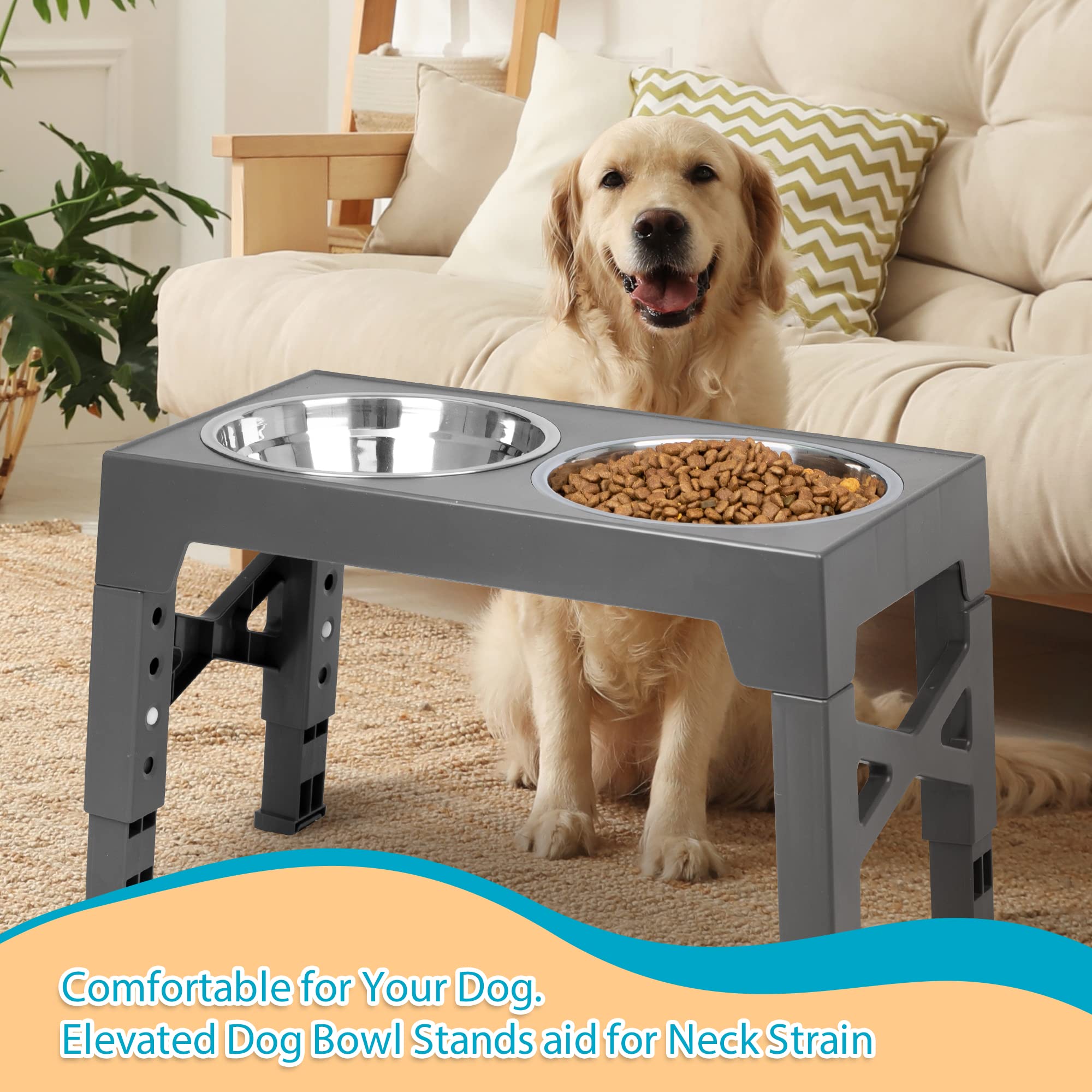 Elevated Dog Bowls Stand with 2 Stainless Steel Food Bowls - Adjustable Height (3.15