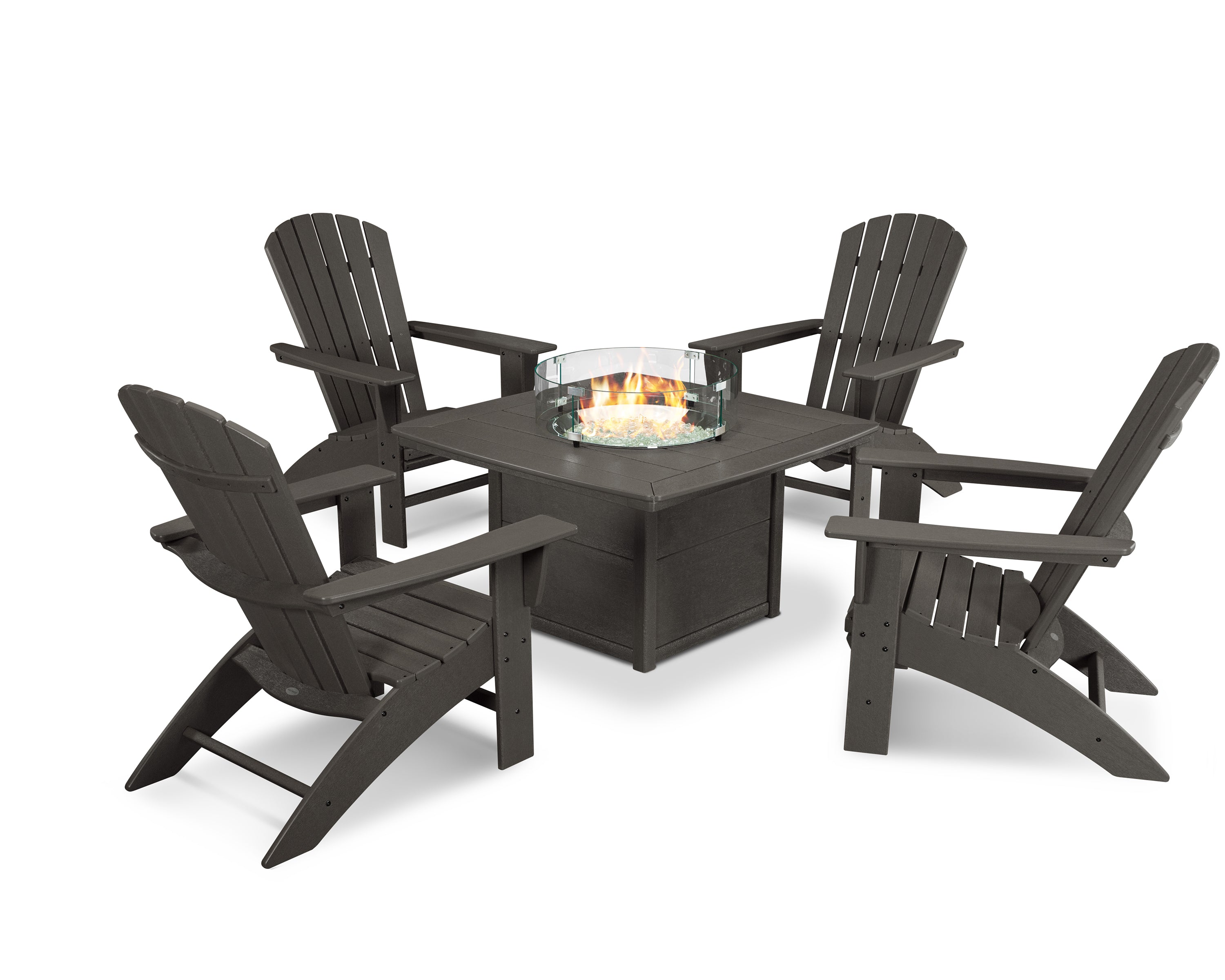 POLYWOOD Nautical Curveback Adirondack 5-Piece Outdoor Conversation Set with Fire Pit Table - Perfect for Patio, Deck, Poolside & Backyard Relaxation
