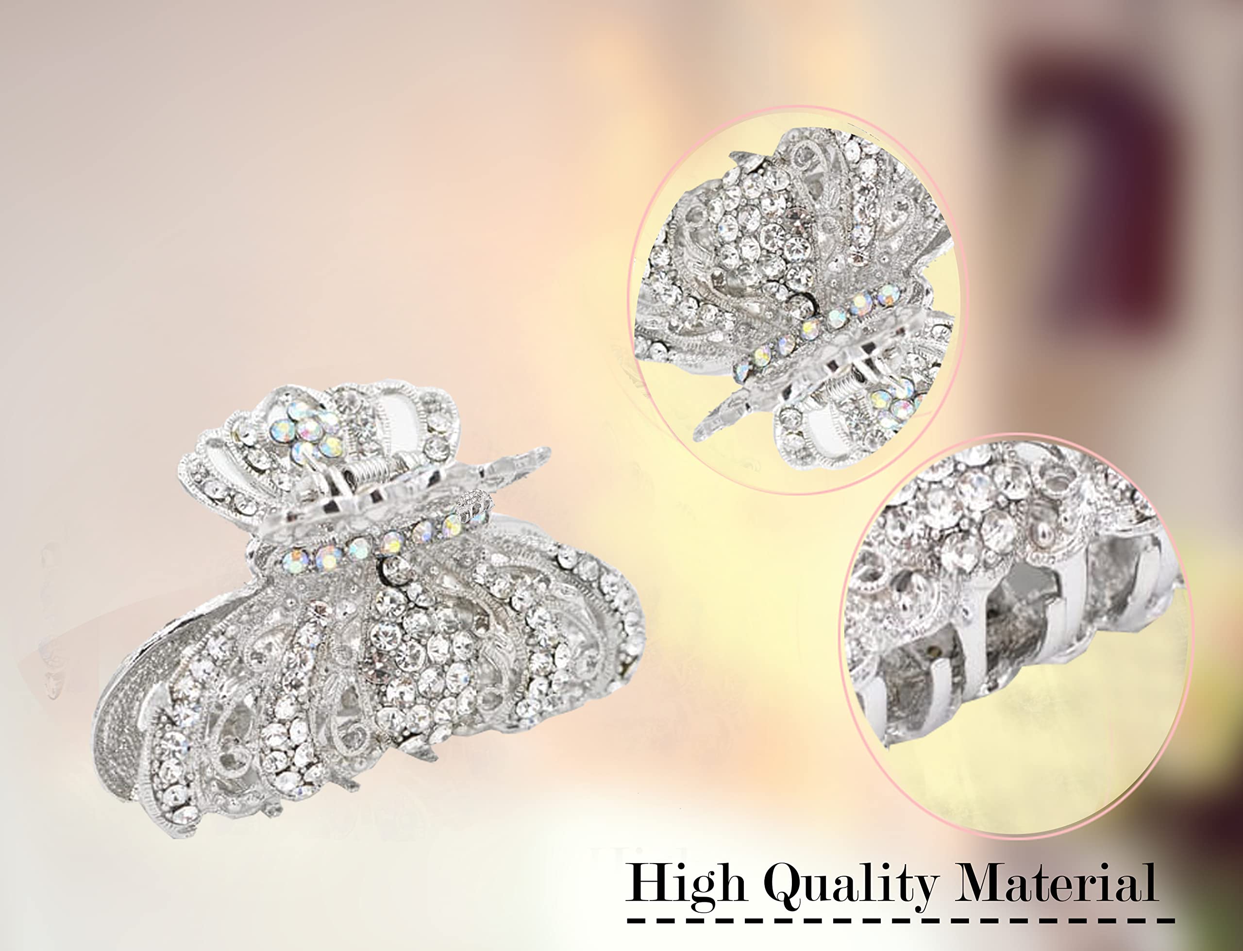 Antique Silver Plated Crystal Rhinestone Hair Clips for Women - Large Non-Slip Hair Claw Clips for Thin & Thick Hair - Elegant Hair Accessories for Parties, Weddings & Everyday Styling