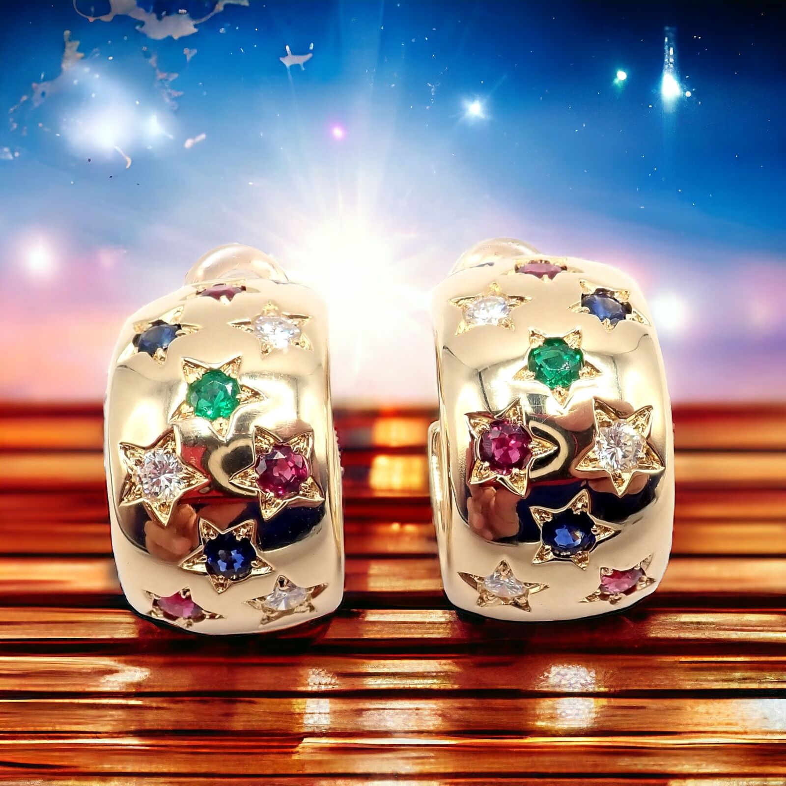 Authentic Cartier Star 18K Gold Hoop Earrings with Diamonds, Rubies, Emeralds & Sapphires | Luxury Jewelry for Women | Perfect for Weddings, Parties & Special Occasions