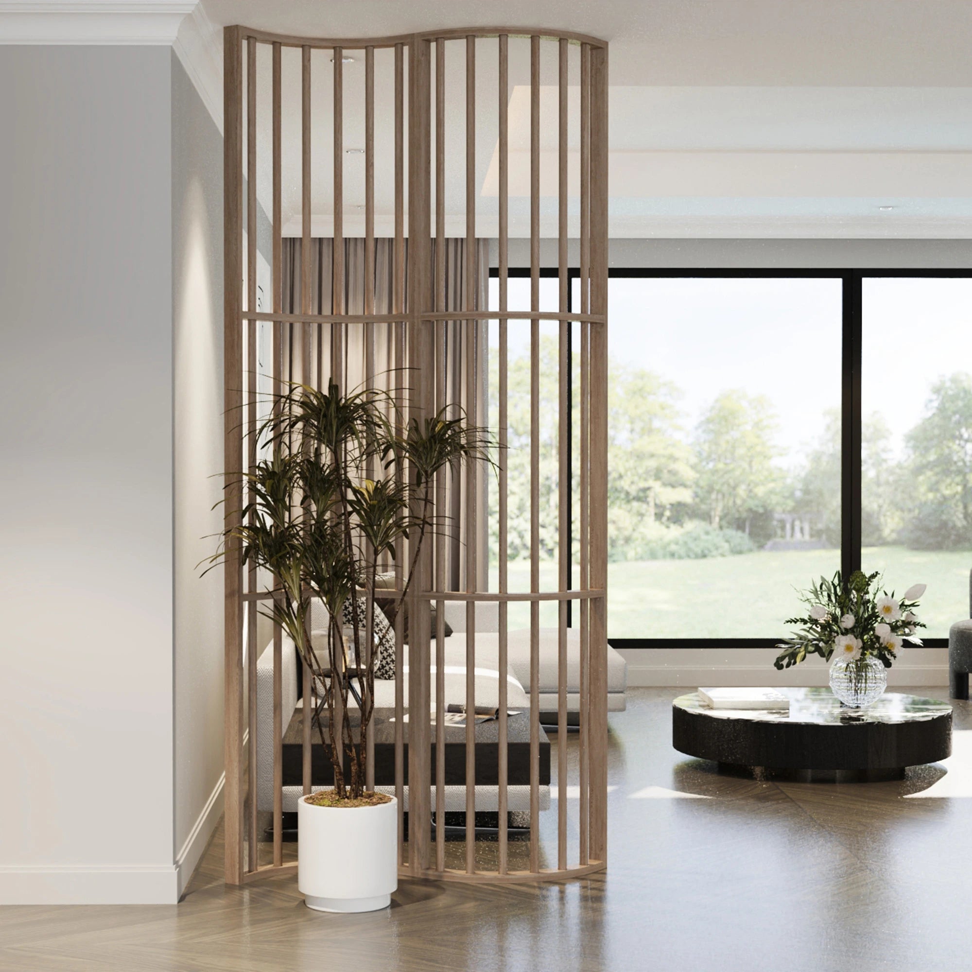 Modern Curved Slat Room Divider - Stylish Wooden Partition Screen for Home & Office Decor - Perfect for Living Rooms, Bedrooms, and Workspaces