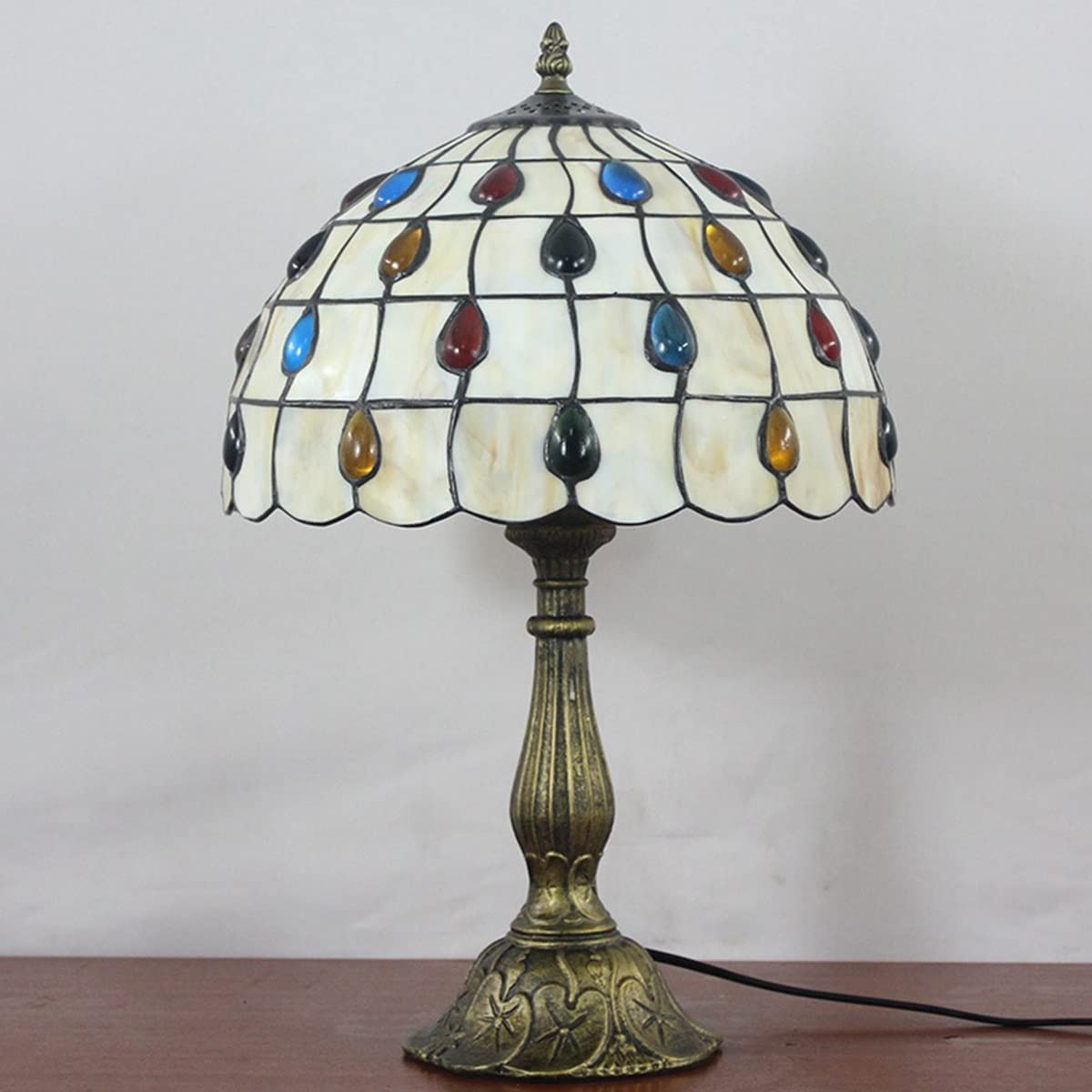 Tiffany Style Stained Glass Table Lamp - 12x18 Inch Yellow Baroque Feather Design Antique Desk Lamp for Reading, Living Room, Bedroom & Bar Decor | Handcrafted Artisan Light with Button Switch | Perfect Gift for Home & Office