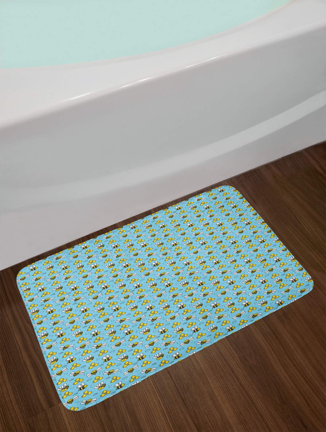 Ambesonne Cartoon Bath Mat - Funny Happy Flying Characters & Hexagon Comb Design, Non-Slip Plush Bathroom Rug, 30.2