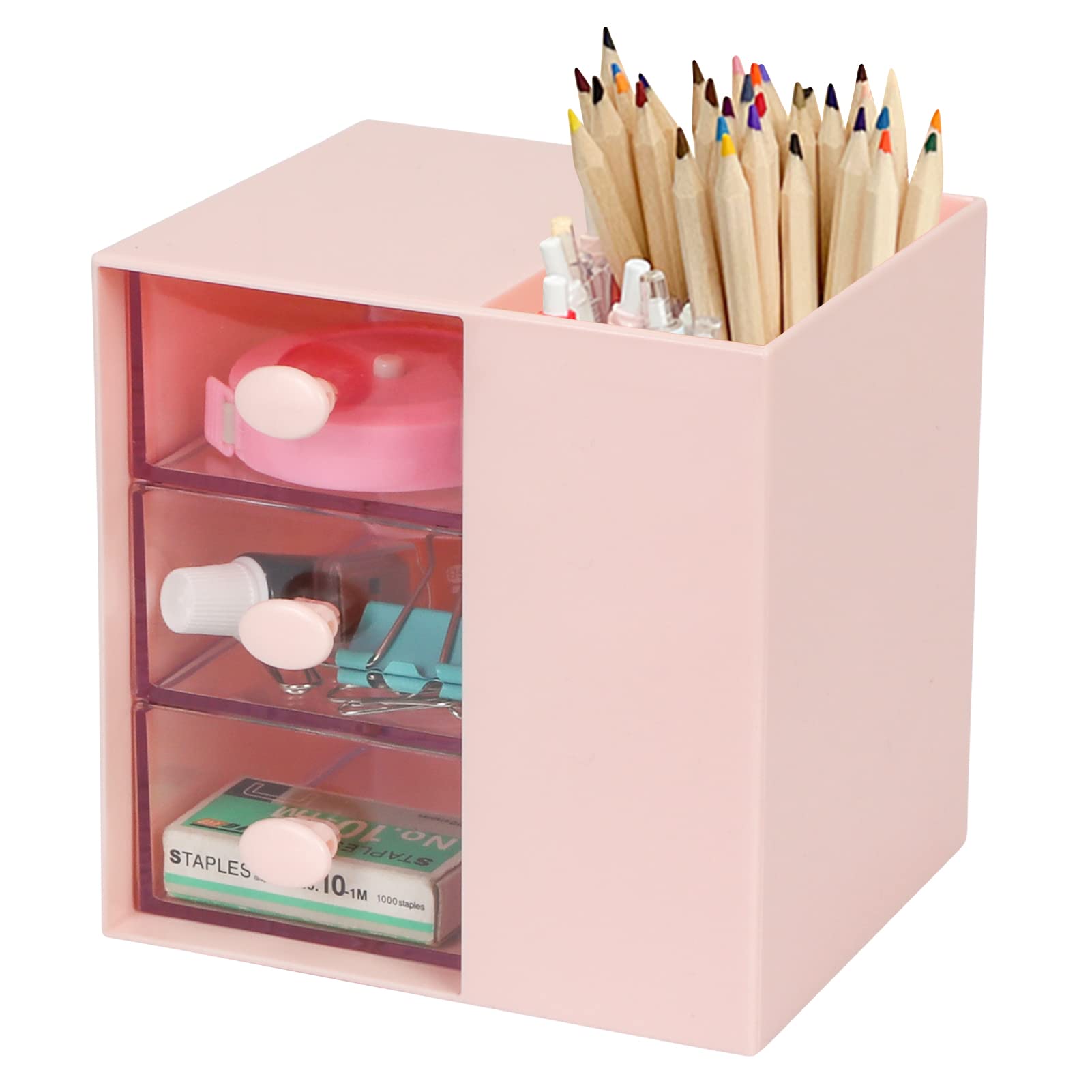 Toplive Desk Pencil Pen Holder with 3 Drawers - Pink Office Desk Organizer for Pens, Stationery & School Supplies | Perfect for Home, School & Office Workspace Organization