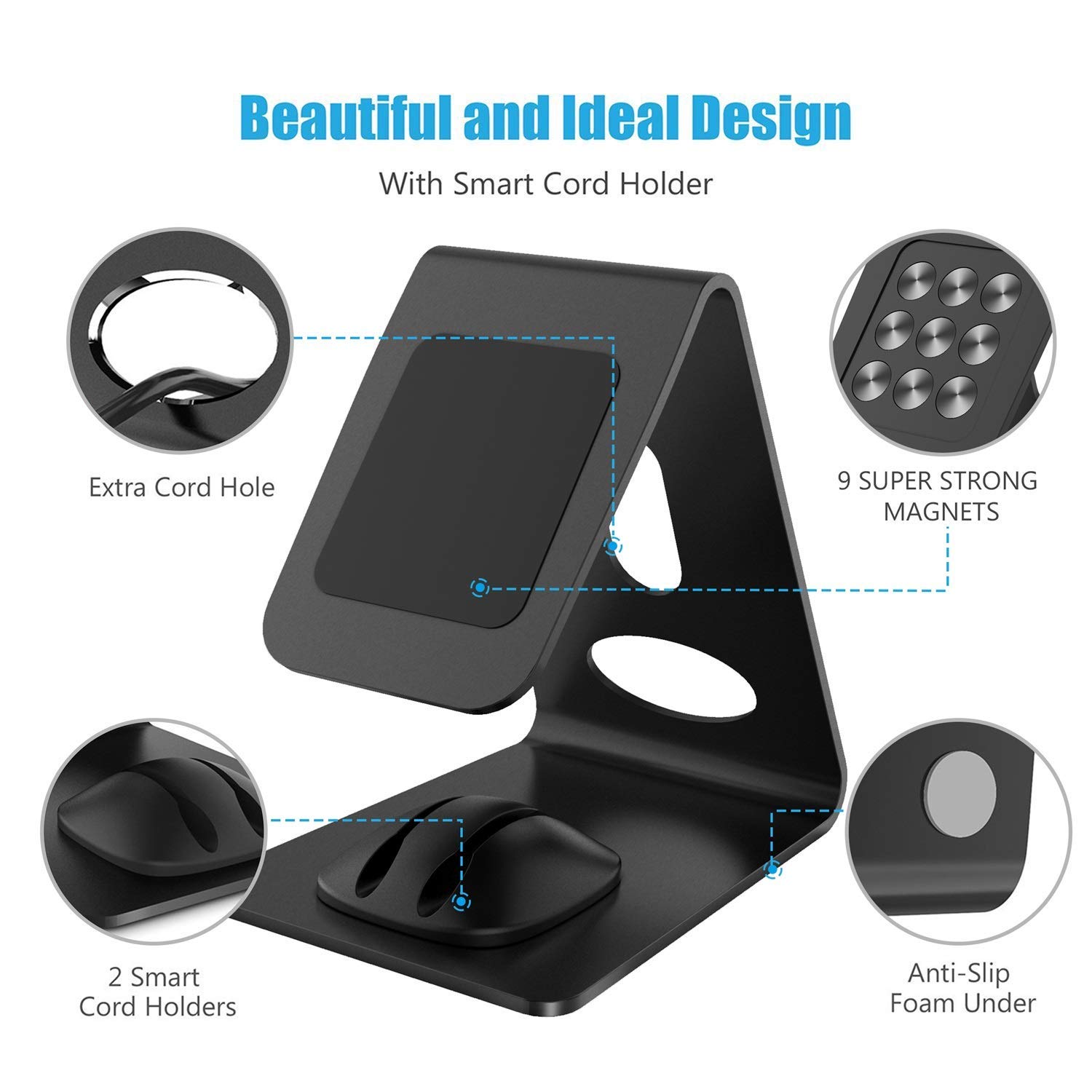 Premium WixGear Magnetic Phone Stand - Universal Phone Holder for iPhone, Android & Tablets - Sturdy Metal Desk Stand with Cord Organizer - Perfect for Office, Home & Travel Use