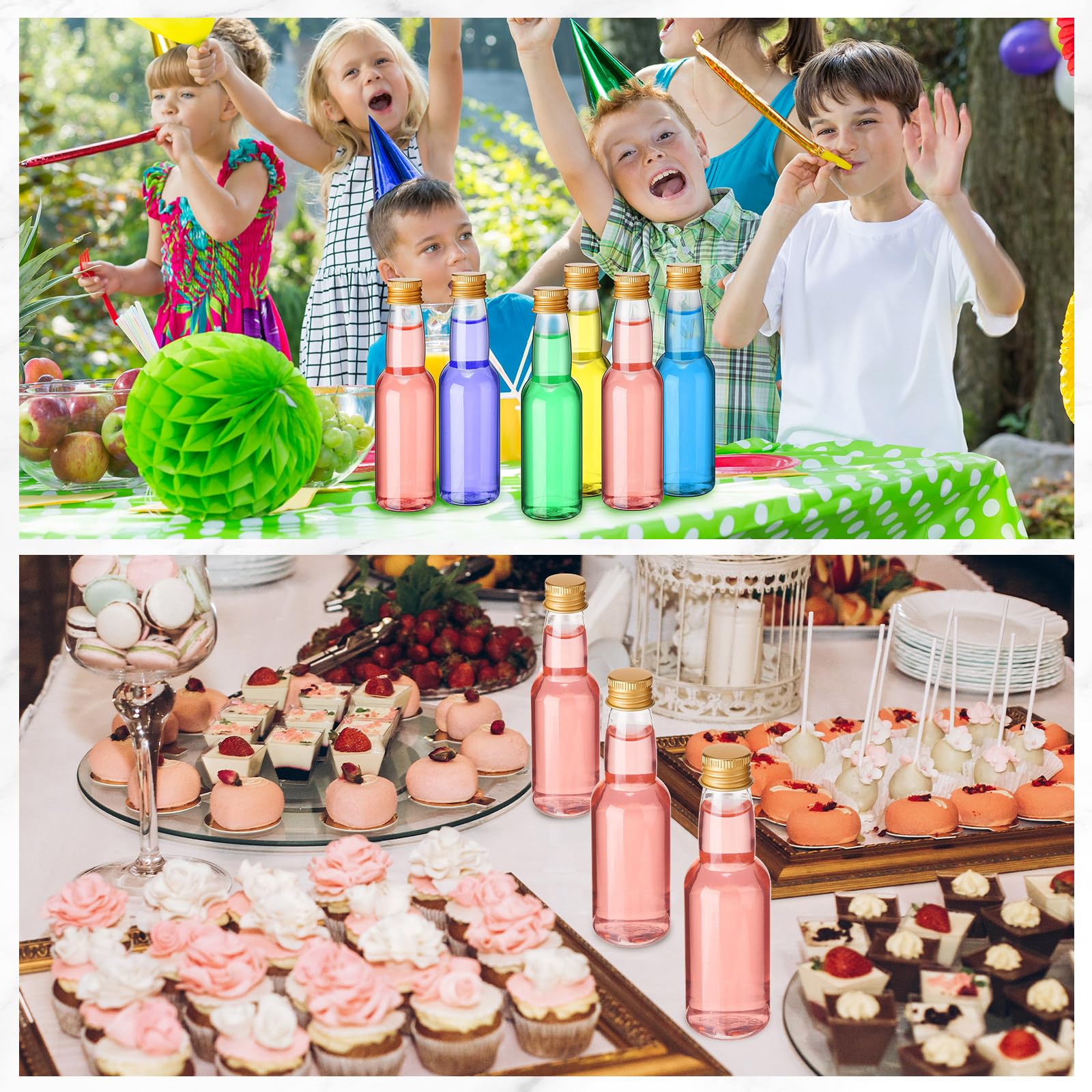120 Pcs Mini Liquor Bottles (3.3 oz) - Airtight Empty Plastic Shot Bottles with Funnels for Alcohol, Whiskey & Spirits - Gold Miniature Bottles for Party Favors, Wedding Favors, DIY Cocktails & Home Bar Accessories