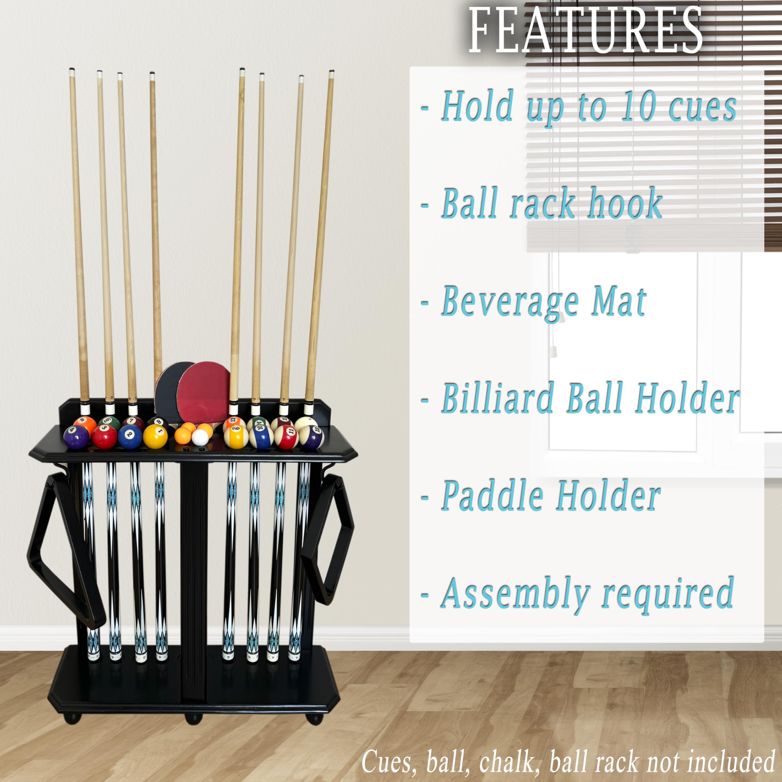 Premium Wooden Billiard Cue Rack - Holds 10 Pool Cue Sticks, Durable Floor Standing Pool Cue Holder for Billiard Game Room & Home Bar (Black) - Perfect for Organizing Cues in Game Rooms, Bars, and Man Caves