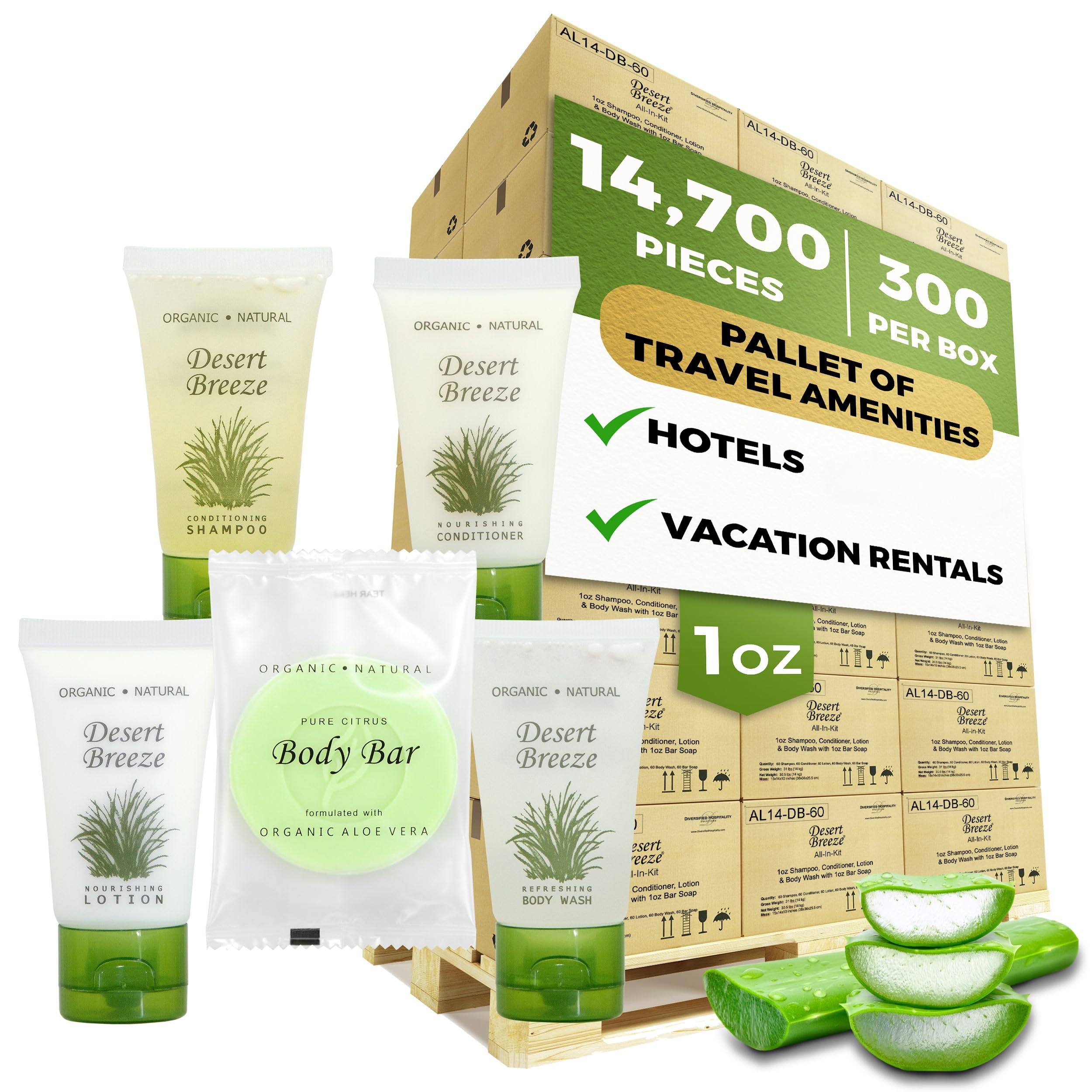 Bulk Hotel Soiletries Set - 1oz Shampoo, Conditioner, Body Wash, Lotion & Bar Soap | 14,700 Piece Full Pallet (49 Cases x 300 Units) | Perfect for Hotels, Spas, Gyms & Hospitality Businesses
