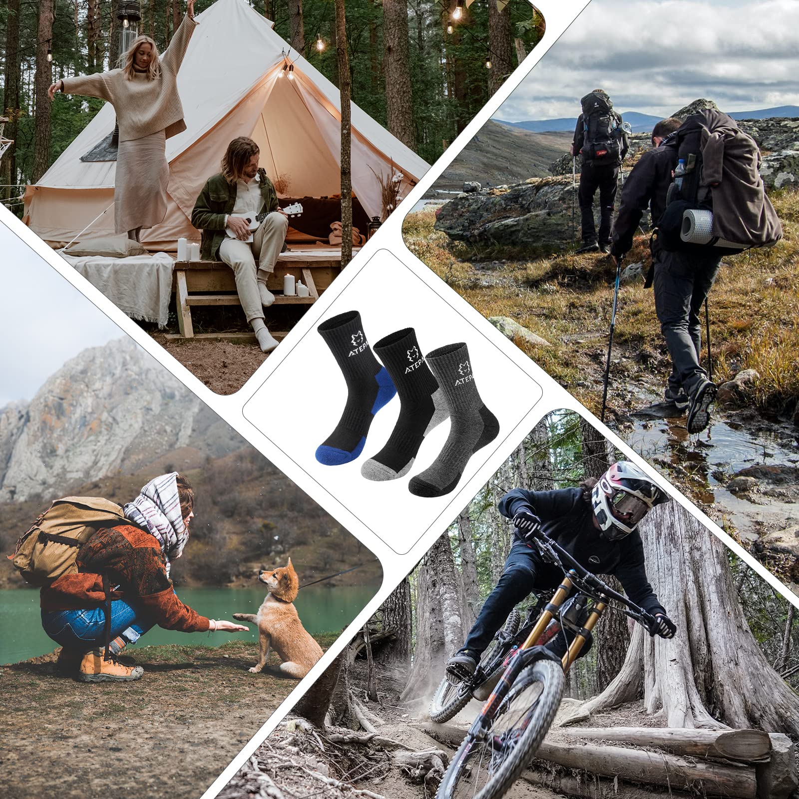 ATEPA Merino Wool Hiking Socks for Men & Women - Warm Thermal Outdoor Socks for Winter Trekking, Camping & Snow Sports (1/3/6 Pairs)