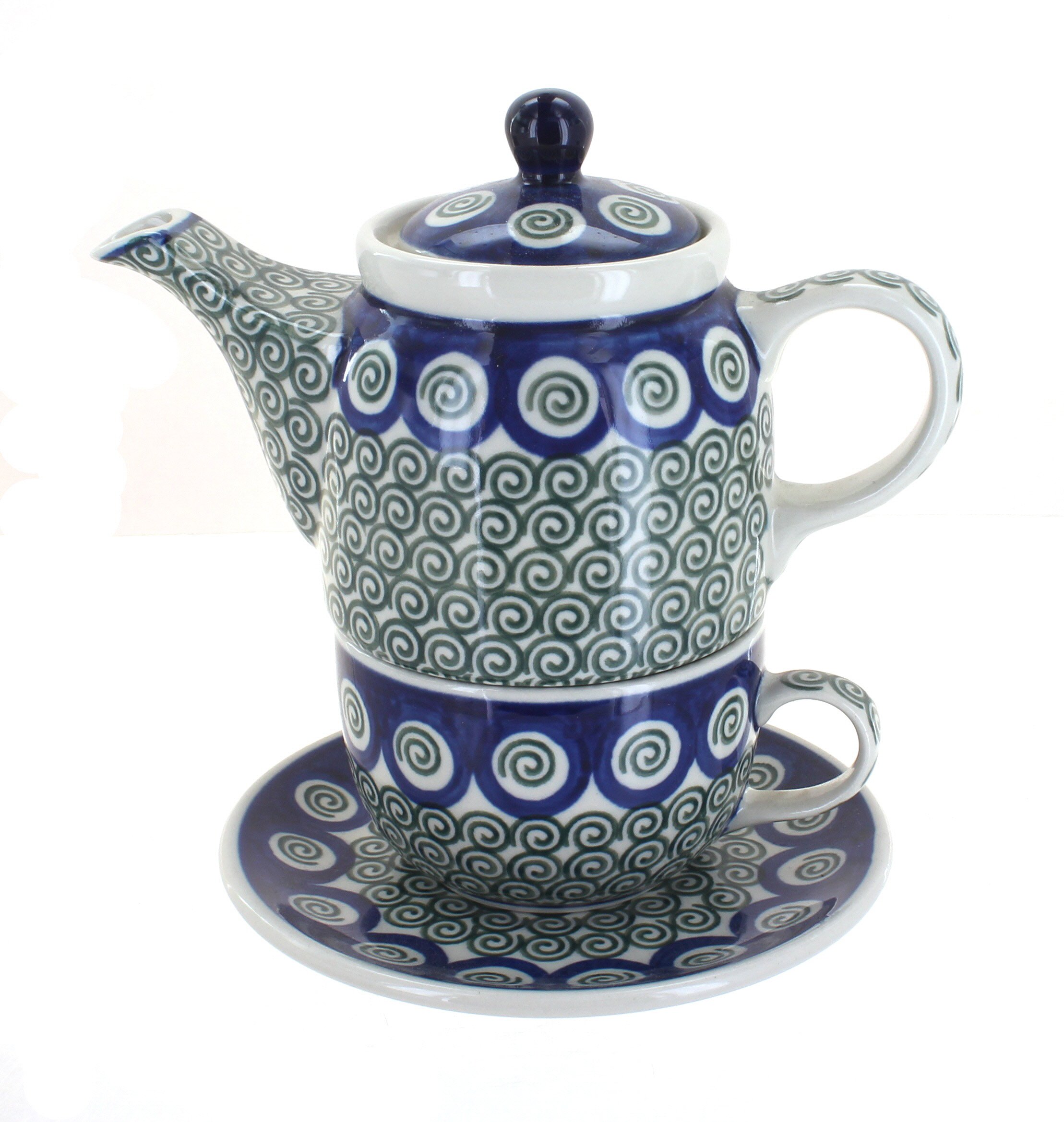 Handmade Blue Rose Polish Pottery Peacock Swirl Tea Cup Set - Elegant Porcelain Tea for One with Saucer - Perfect for Afternoon Tea, Gifts & Home Decor